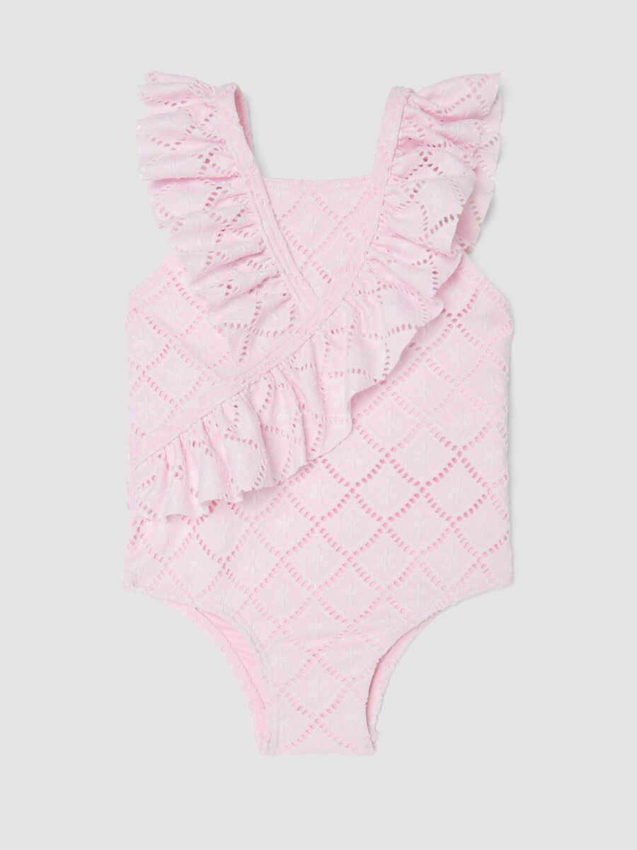 Costume intero rosa in tessuto elasticizzato con volant_0