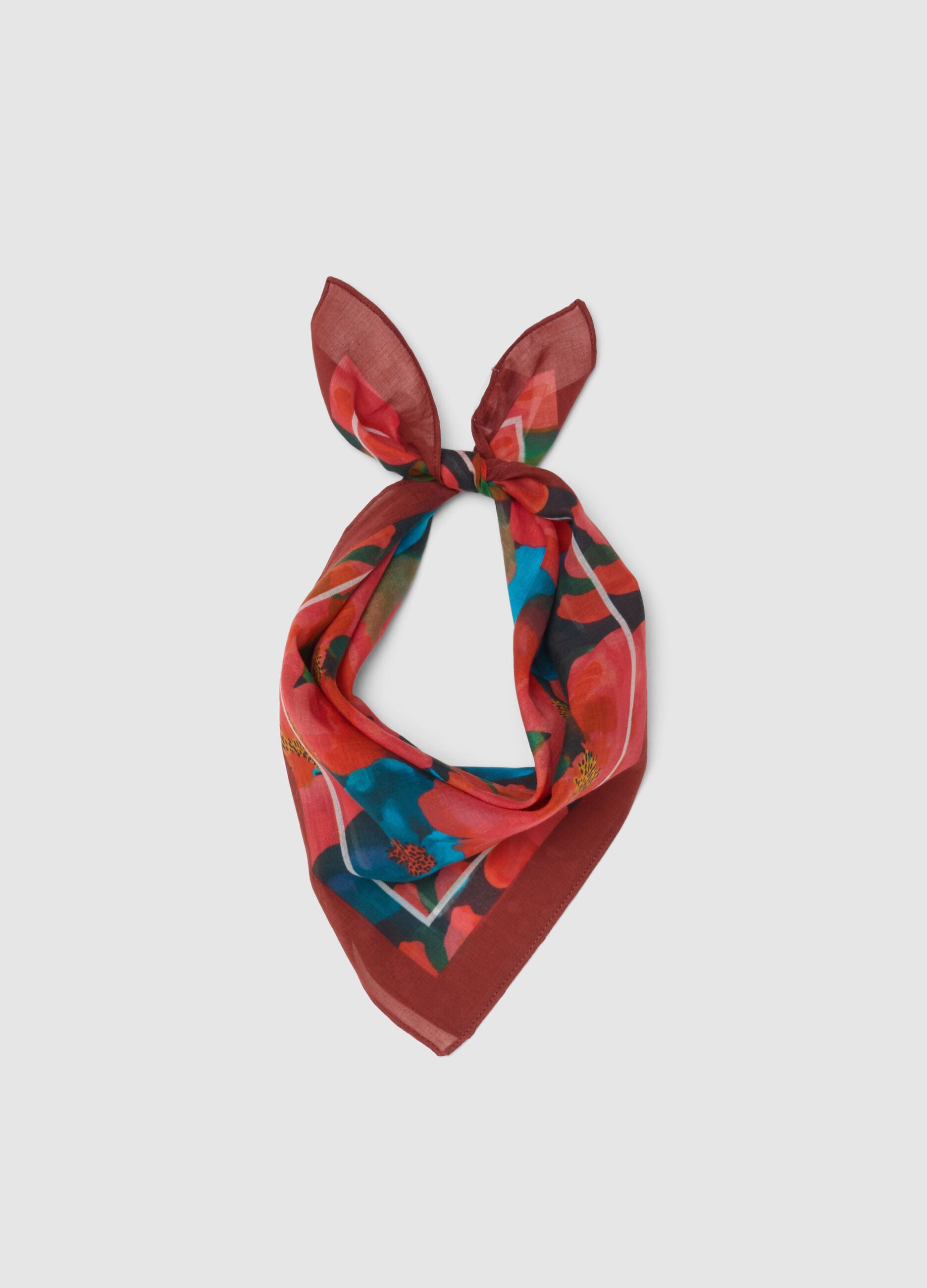 Multicoloured pure cotton scarf with floral design