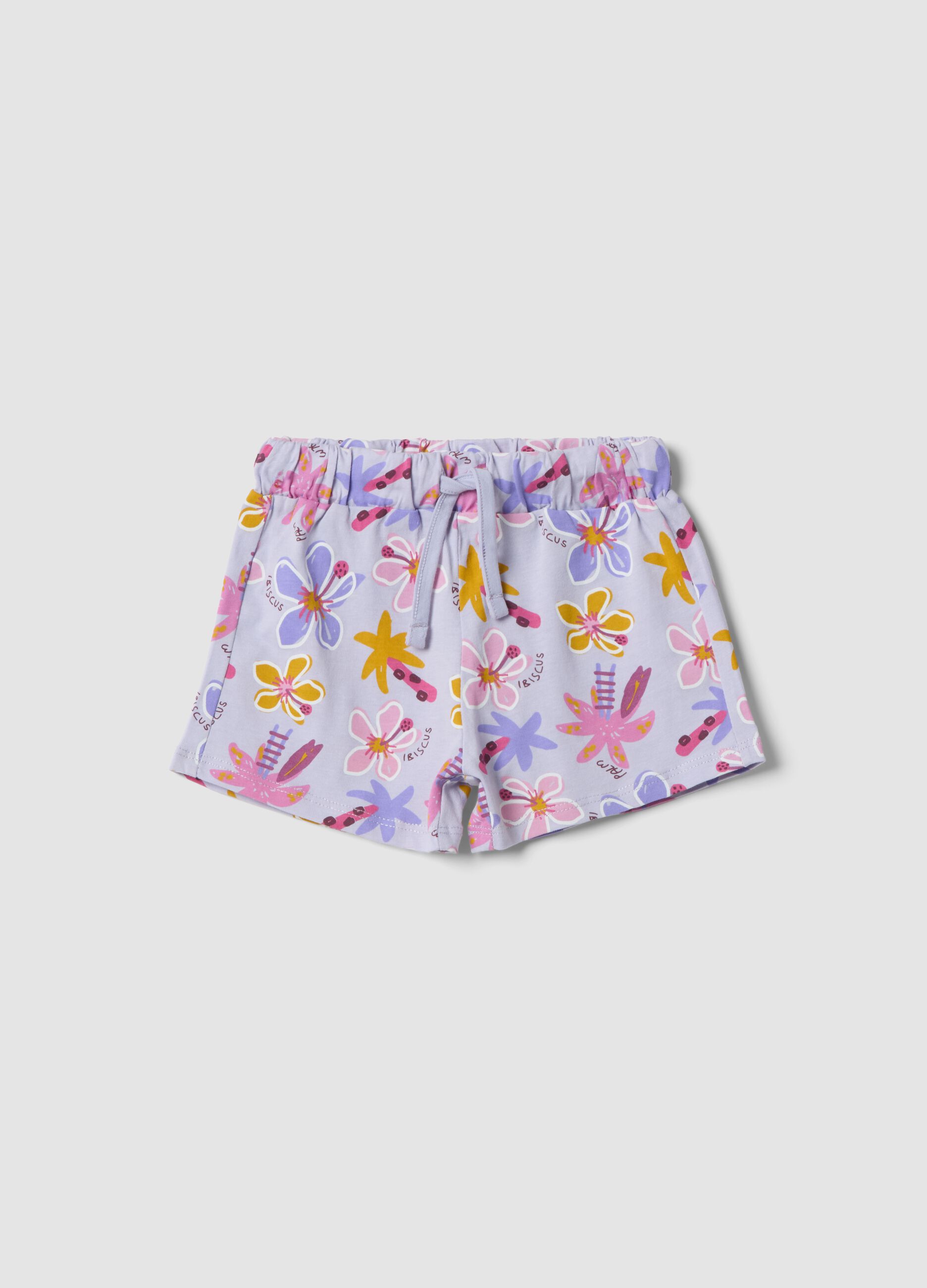 Purple organic cotton floral shorts for baby girl