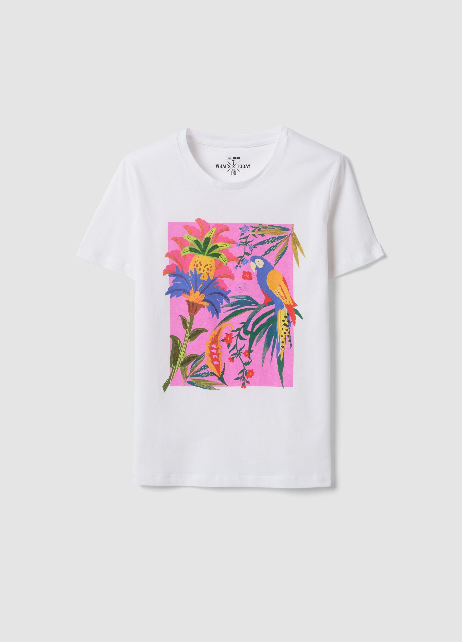 White pure cotton T-shirt with tropical print