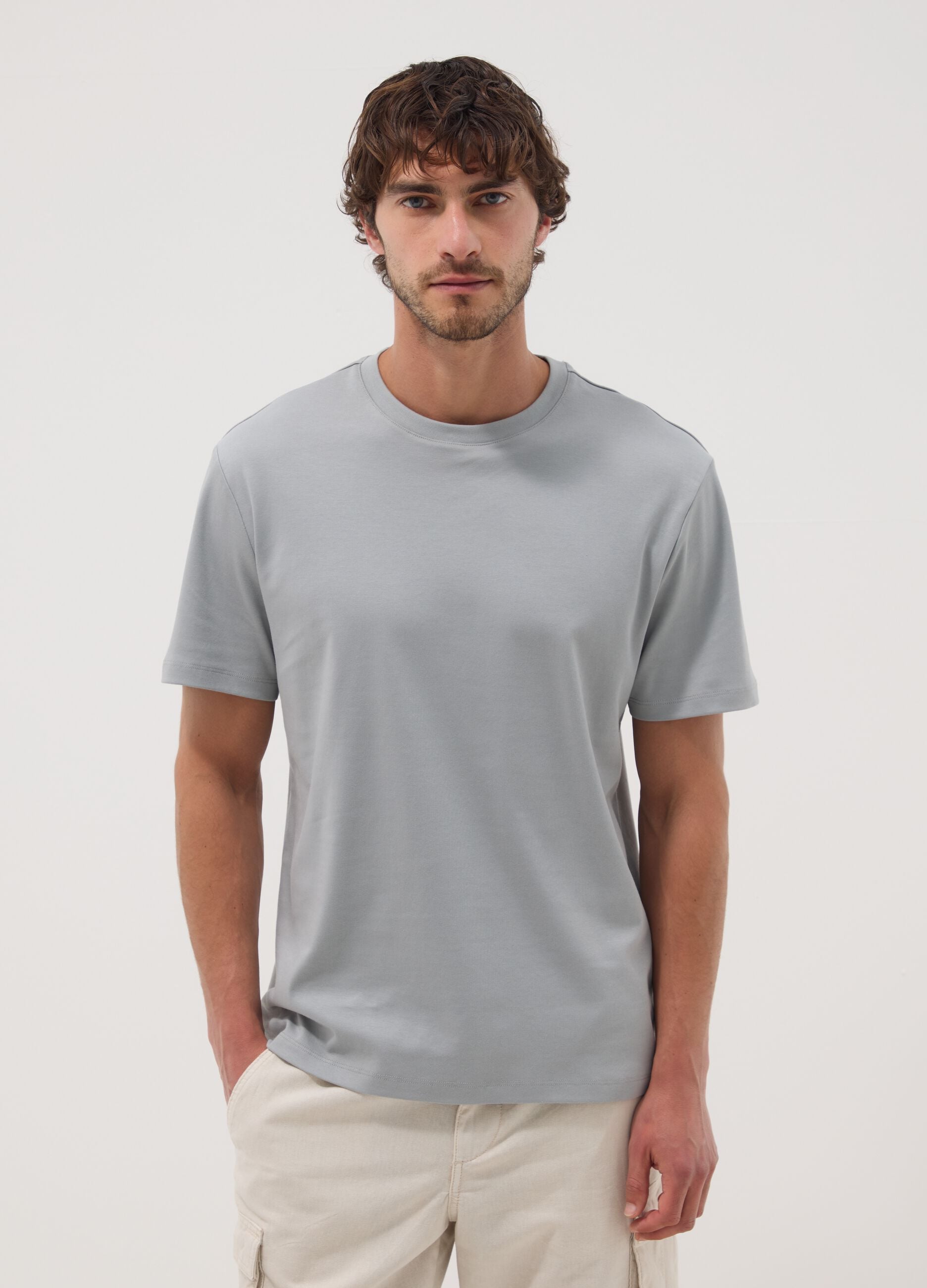 Grey slim-fit T-shirt in pure mercerised cotton