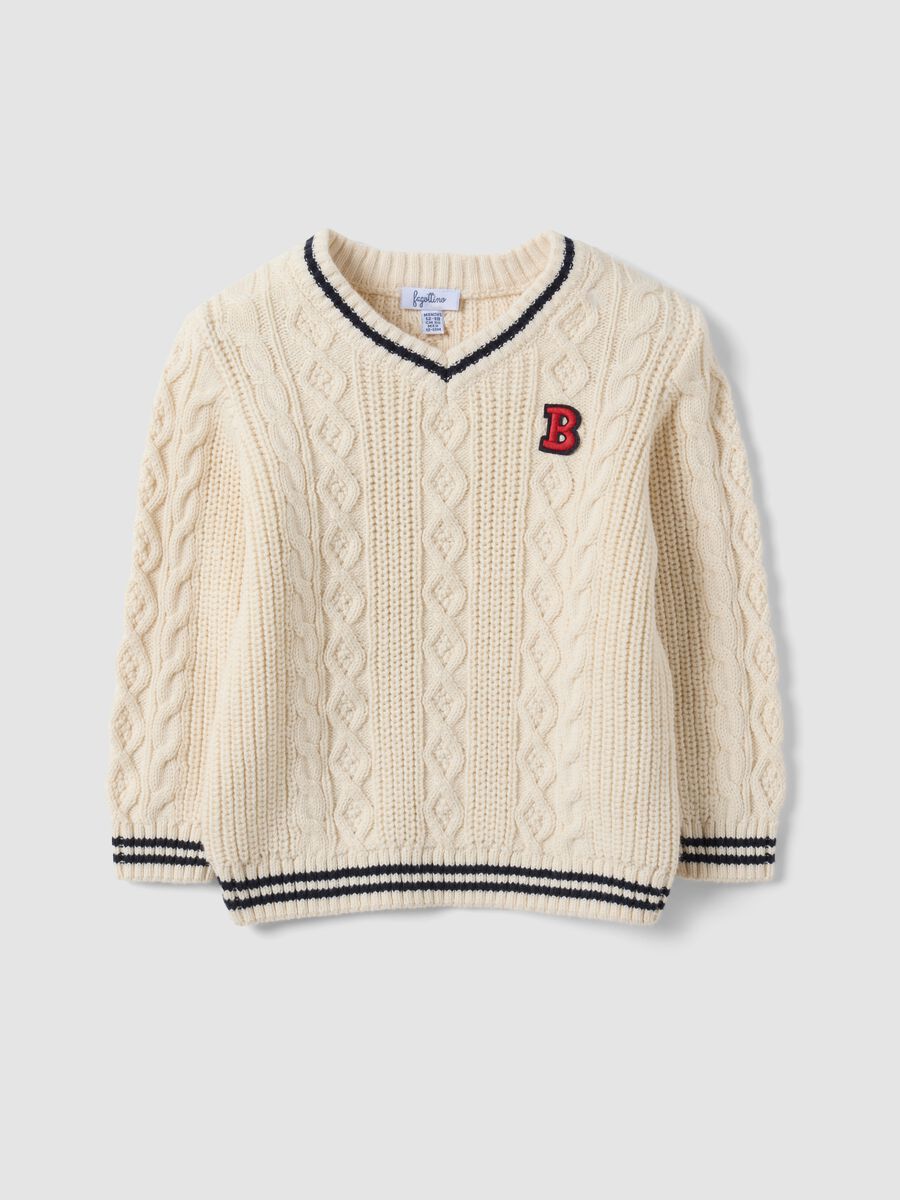 White pure cotton cable-knit V-neck jumper for boys_0