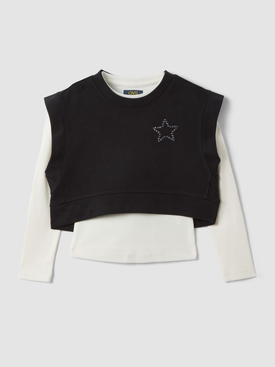 Black pure cotton layered crew-neck sweatshirt for girls_0