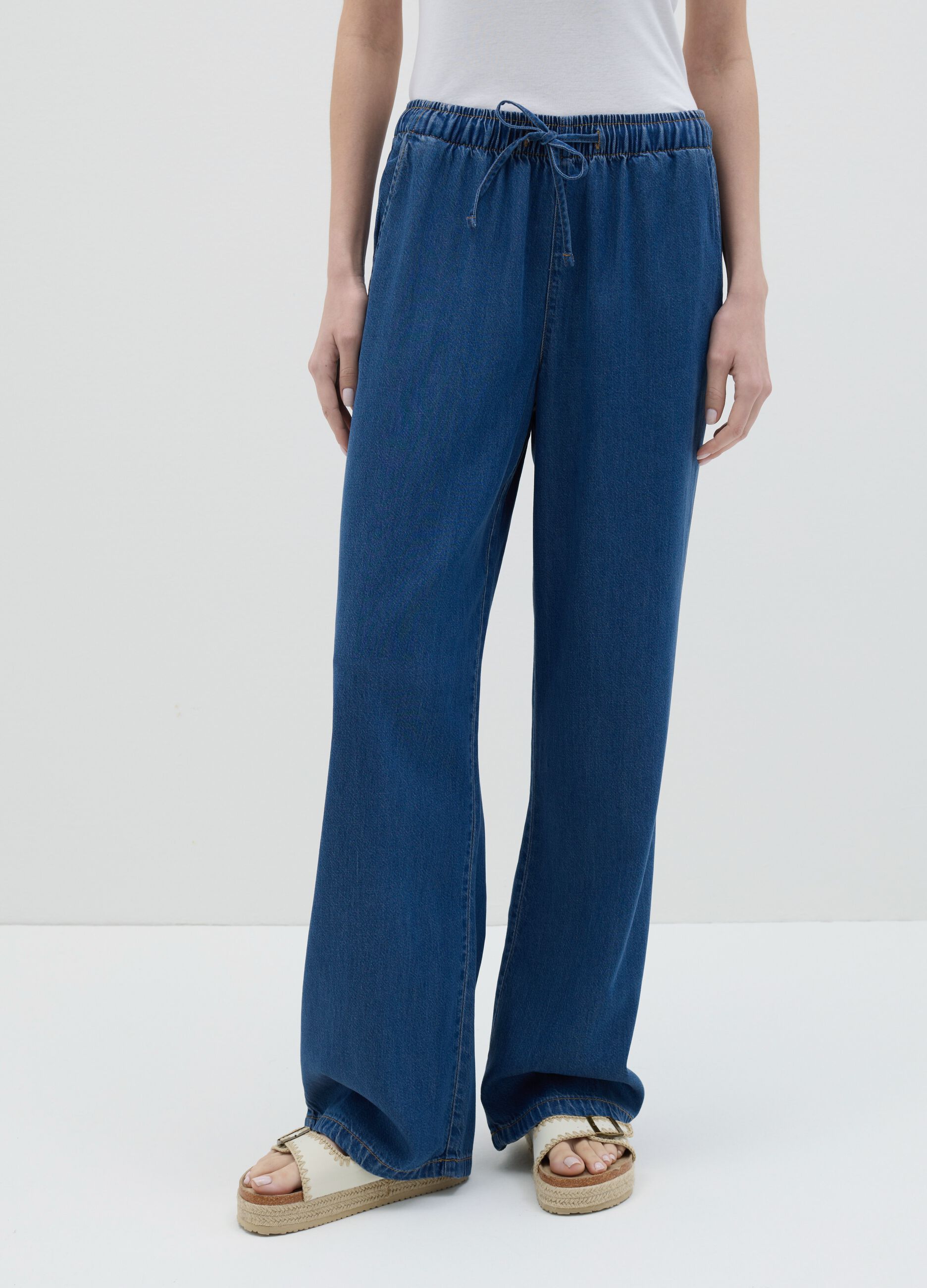 Blue relaxed-fit fluid trousers with denim effect