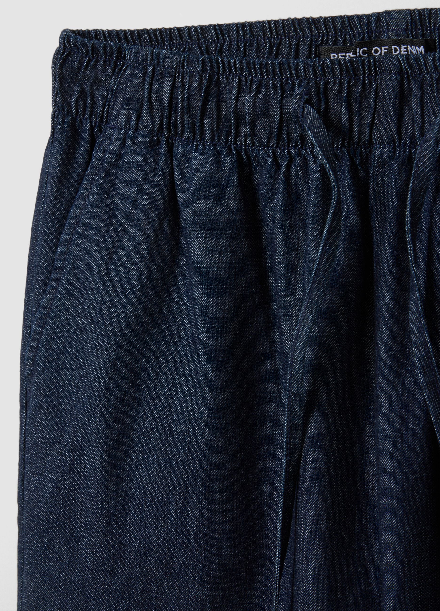 Blue pure cotton wide-leg denim trousers with drawstring