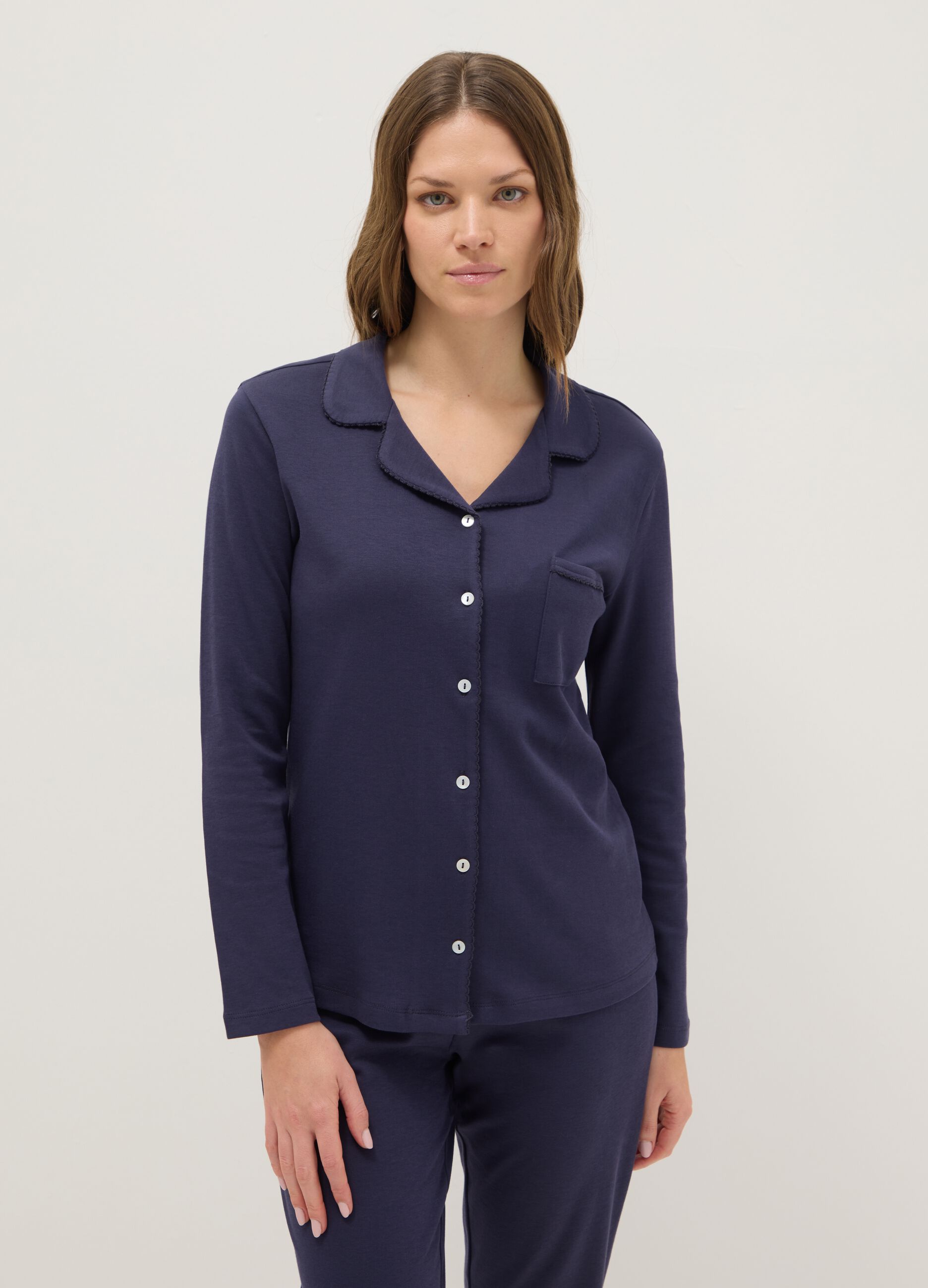 Blue pure cotton regular fit pyjamas with chest pocket and V-neck