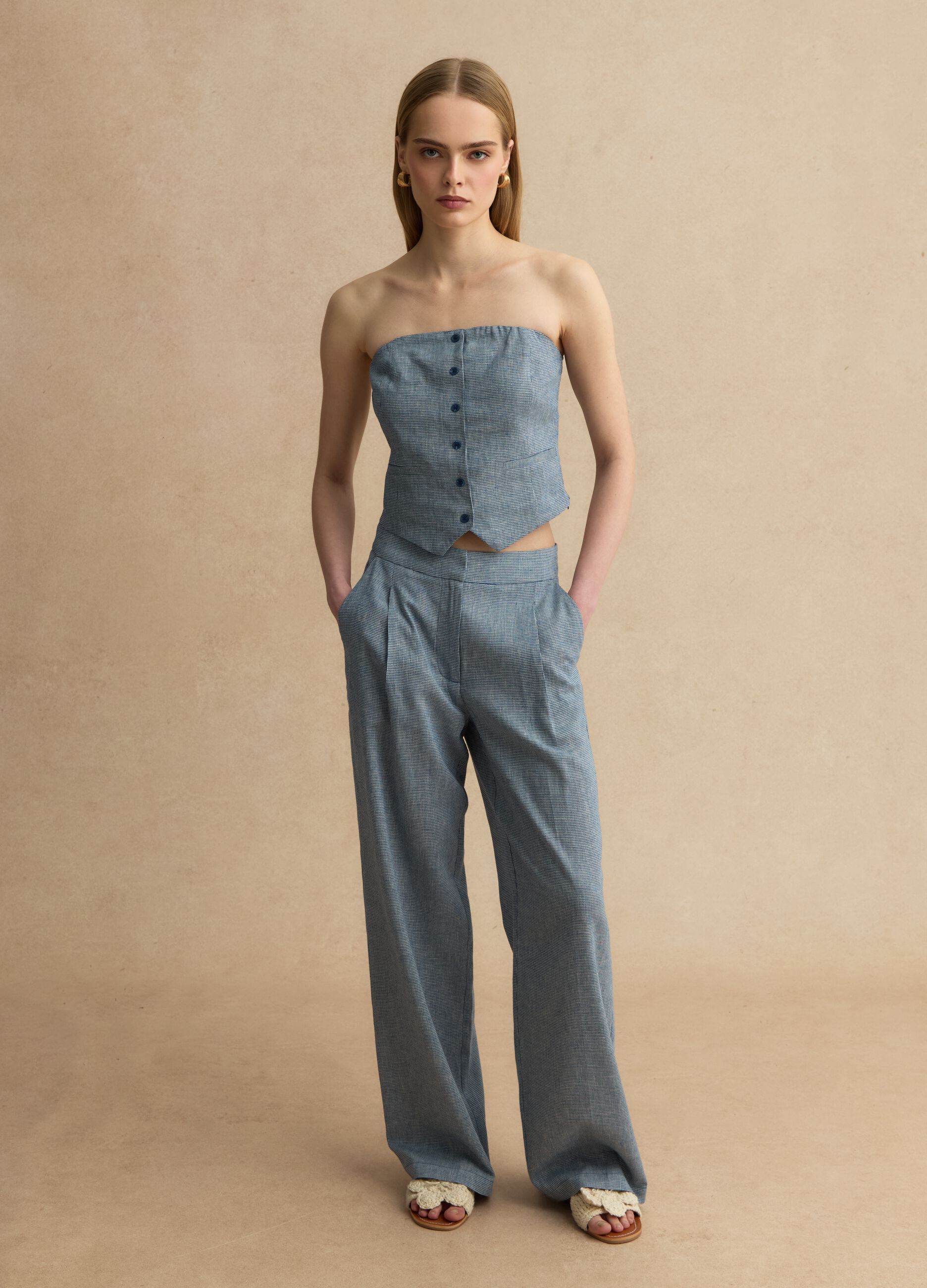 Linen-blend wide-leg trousers with blue and white micro-checks