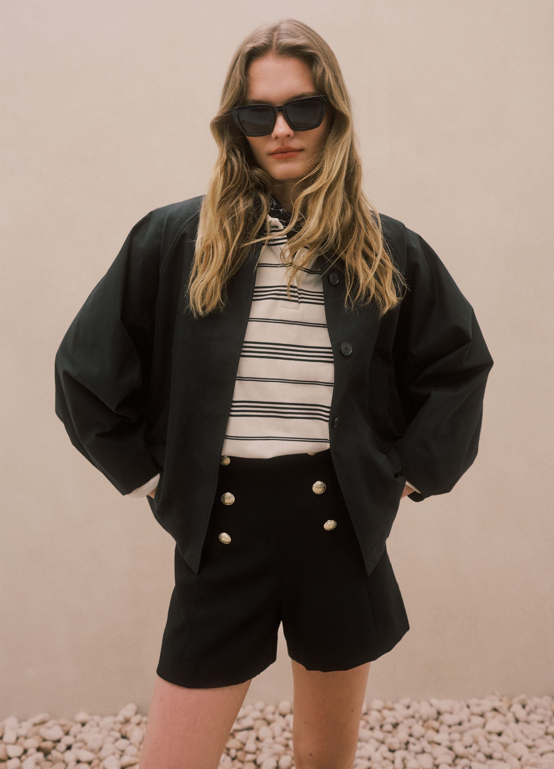 Black oversized cotton blend jacket with hidden closure