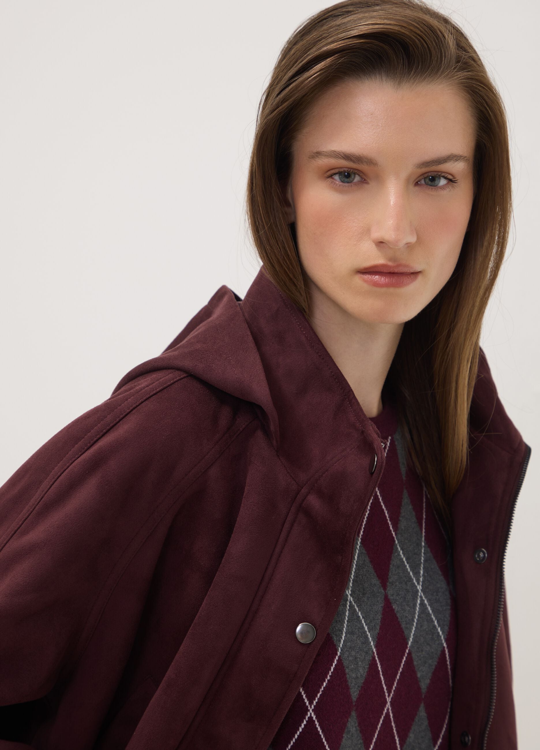 Purple hooded parka with zip and press-stud fastening