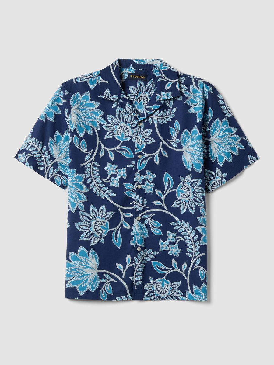 Camicia blu in cotone organico a maniche corte con stampa floreale_4
