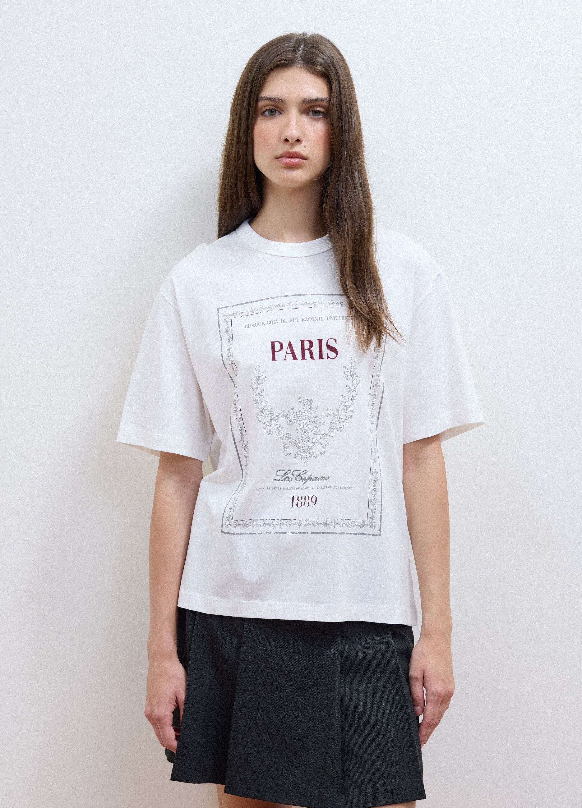 White pure cotton crew-neck T-shirt with print, relaxed fit