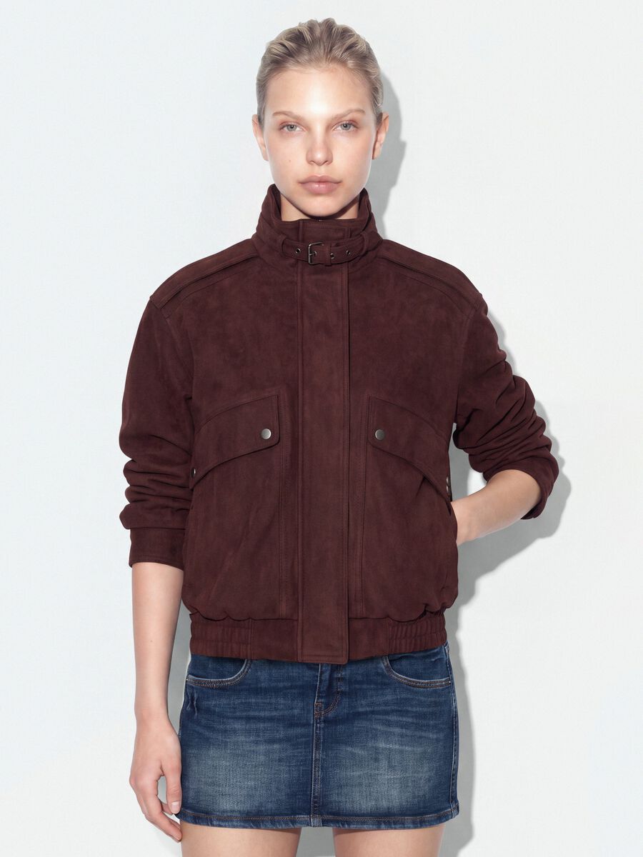 Brown stretch high-neck jacket, regular fit_0