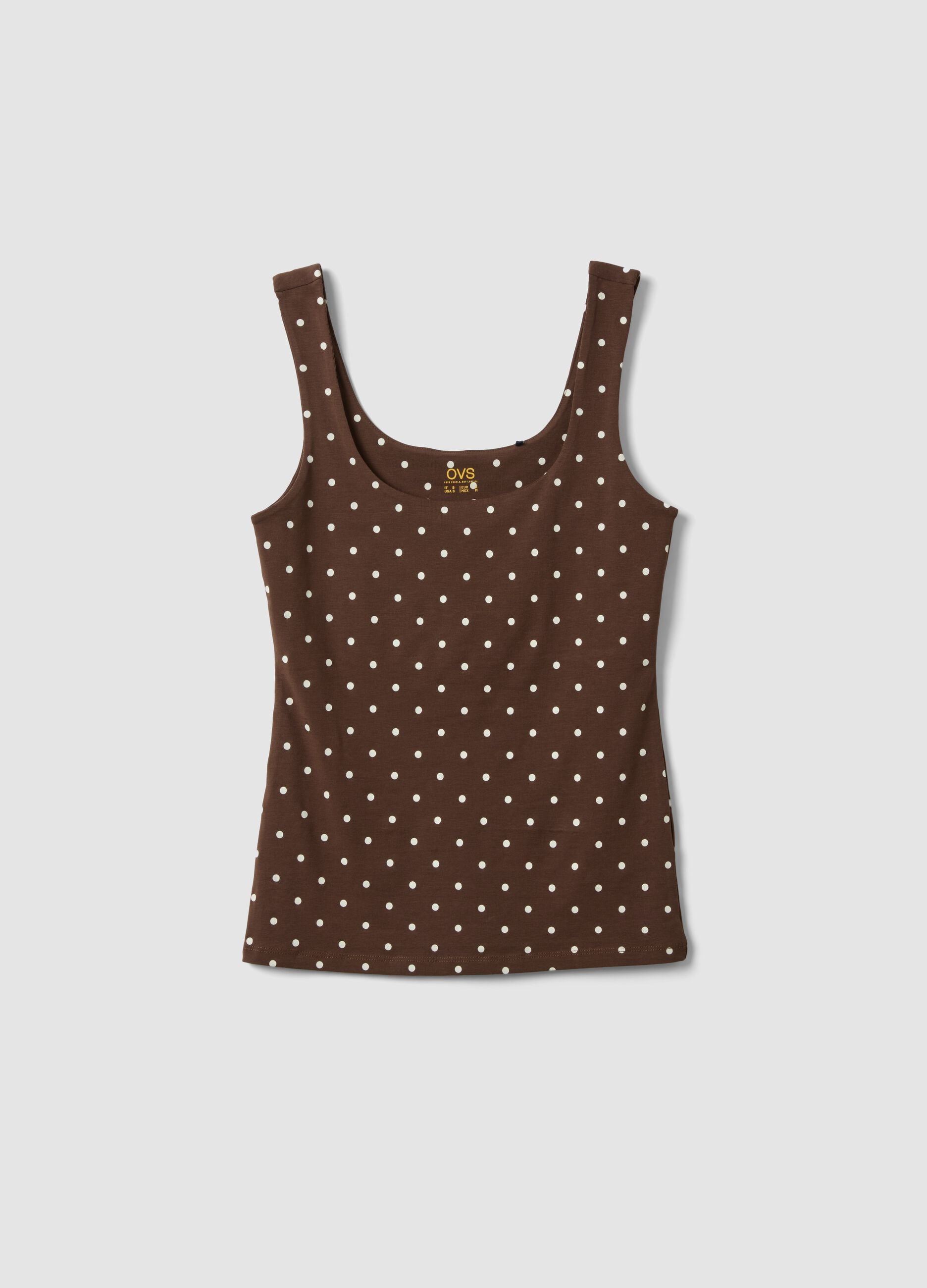 Brown fitted polka-dot stretch cotton top