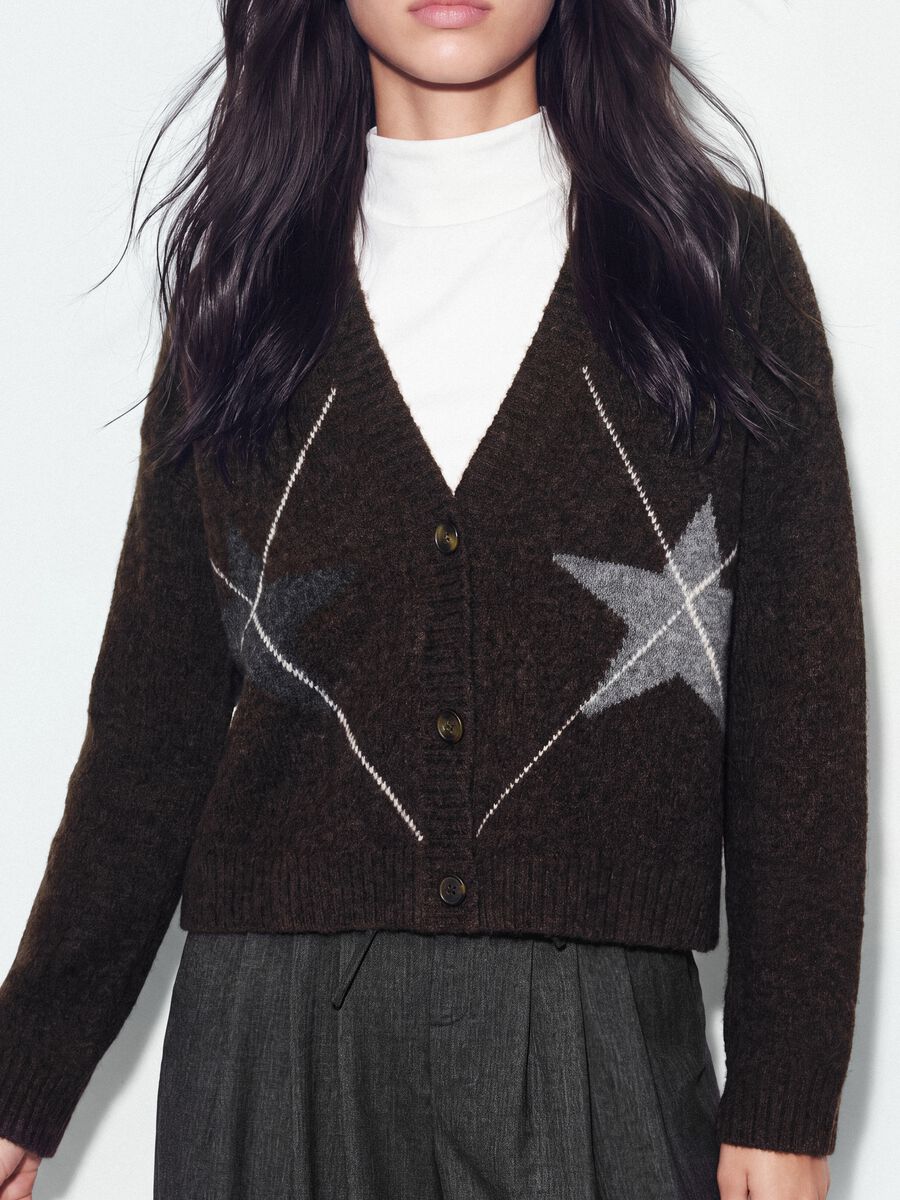 Brown stretch wool cardigan with deep V-neck, oversized fit_2