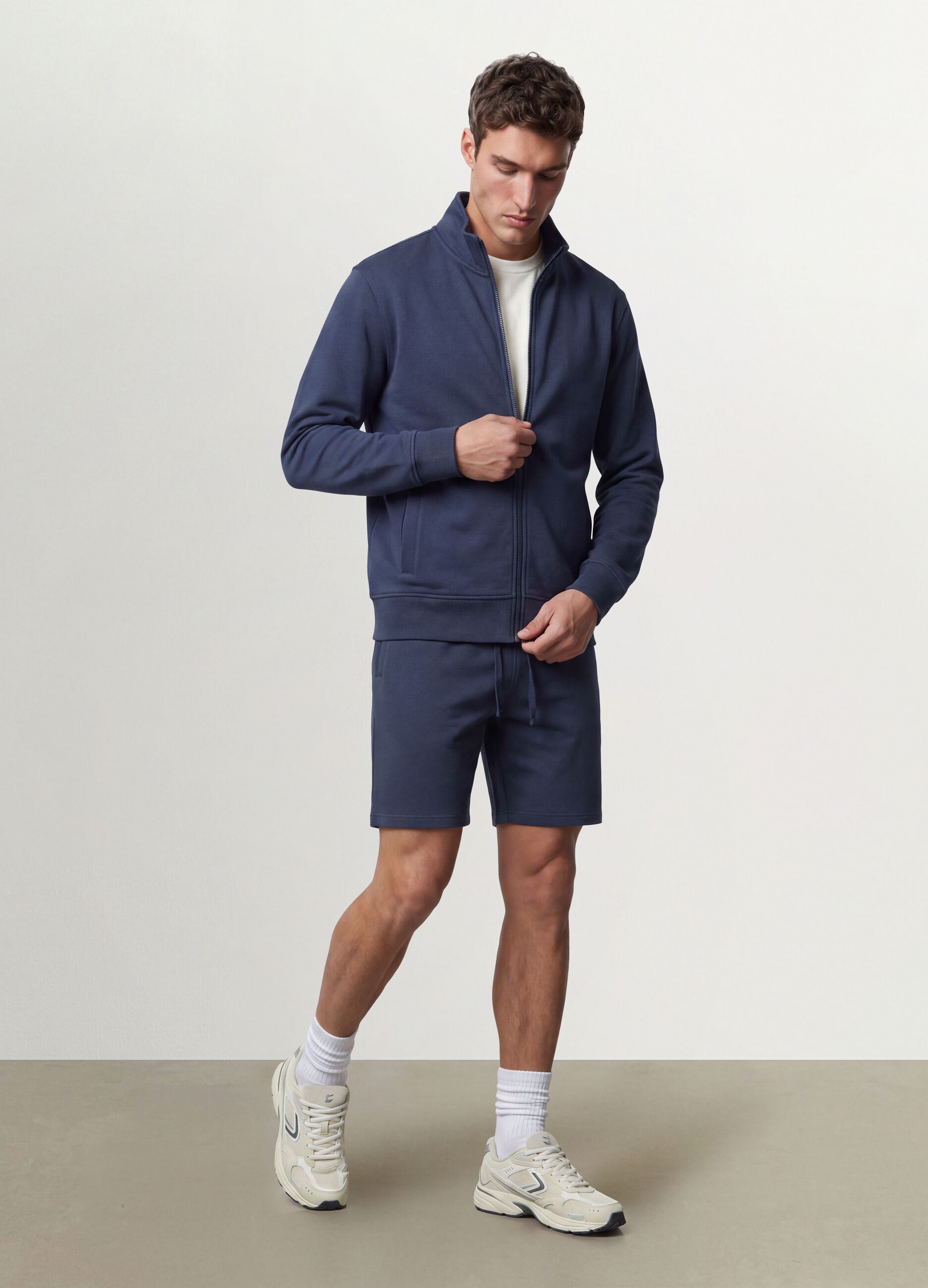 Grey cotton-blend sweatshirt with crew neck and zip, regular fit