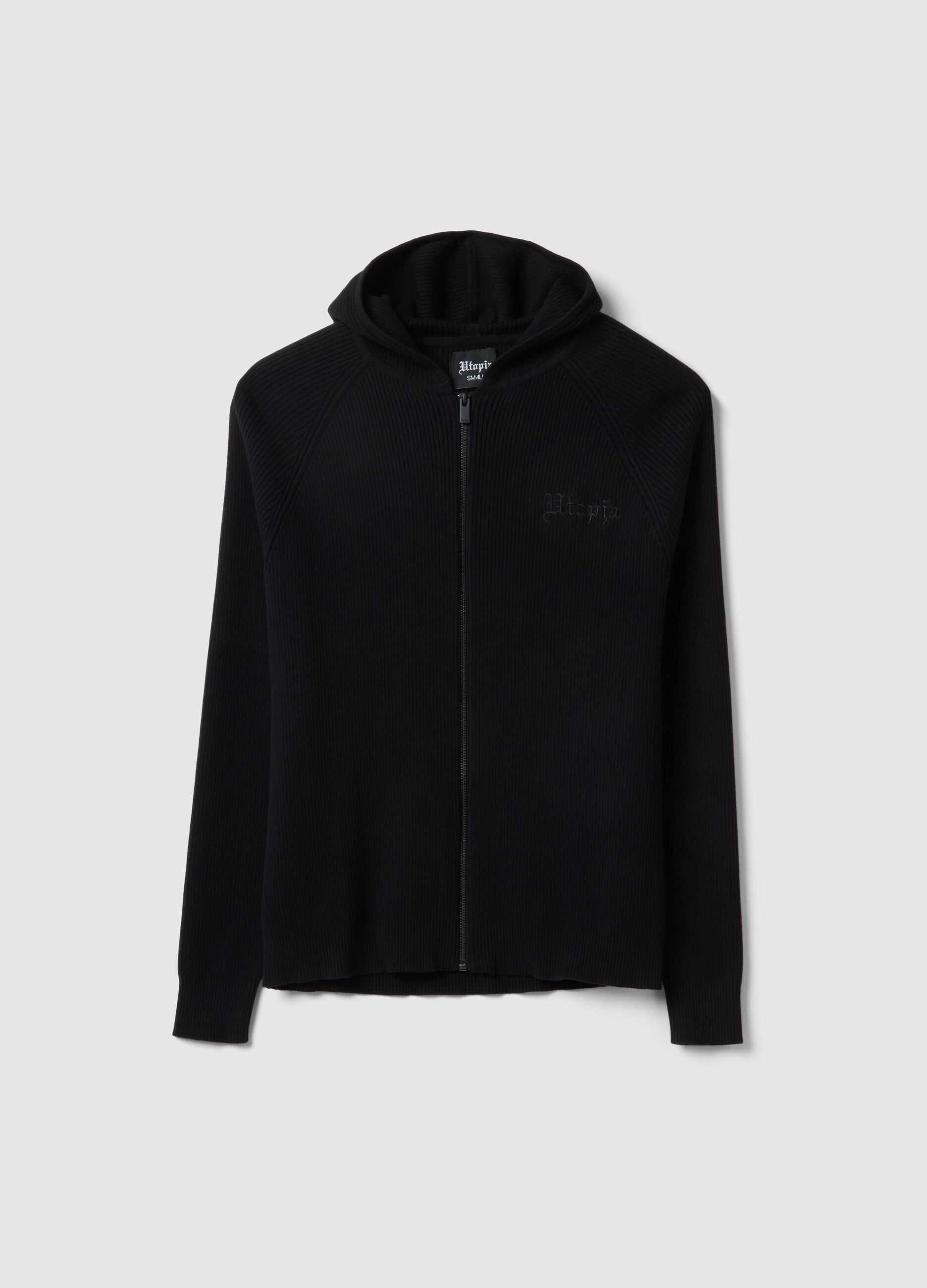 Black Ribbed Knit Hoodie