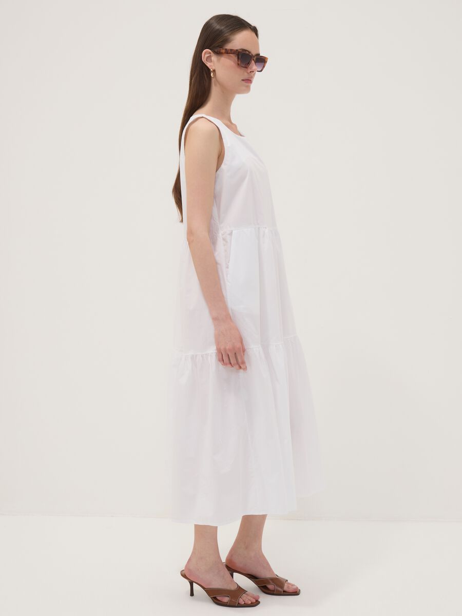 White sleeveless pure cotton tiered dress, regular fit_1