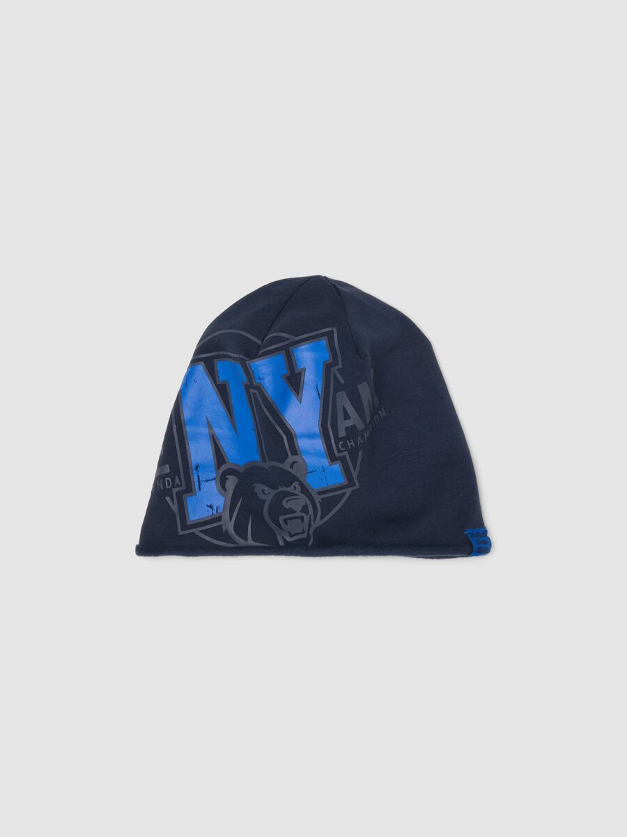 Blue organic stretch cotton jersey hat with print for boys_0