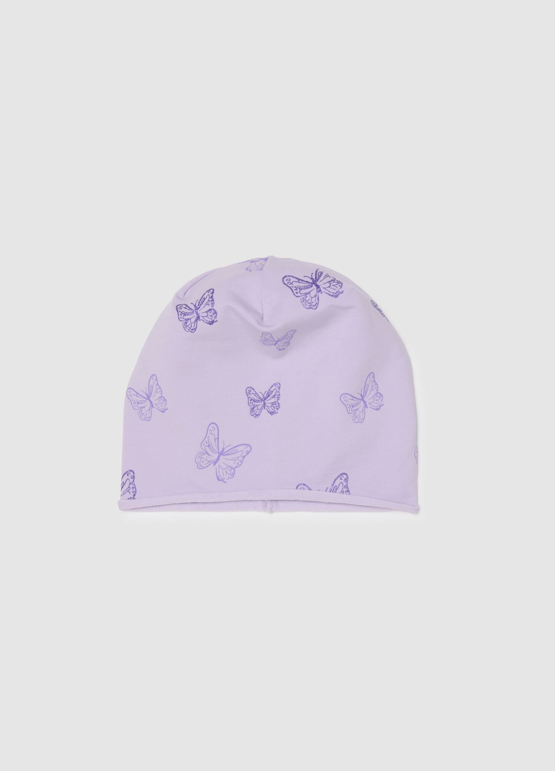 Purple Stretch Cotton Hat with Butterflies for Girls
