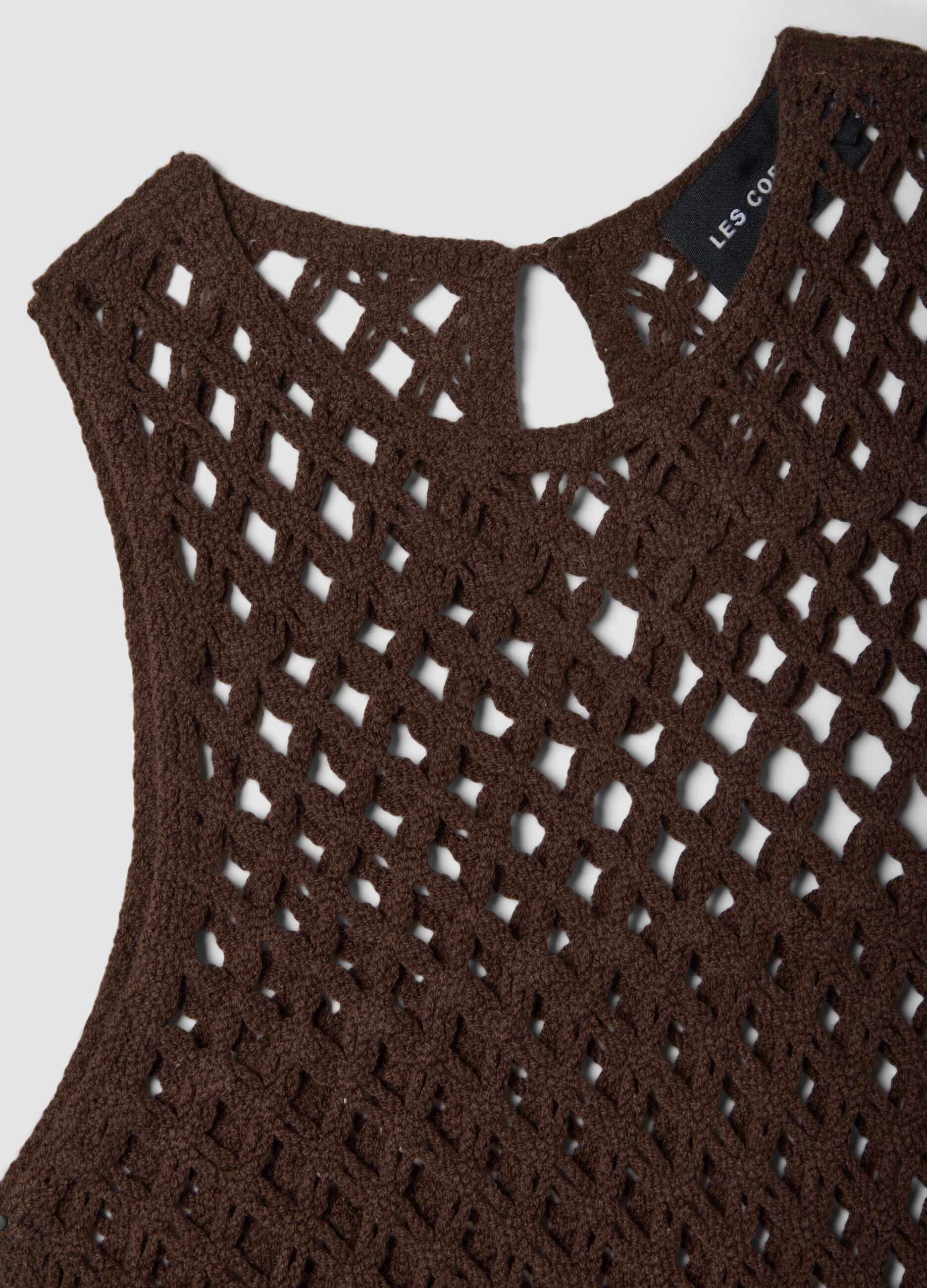 Brown cotton-blend regular-fit tank top with mesh design