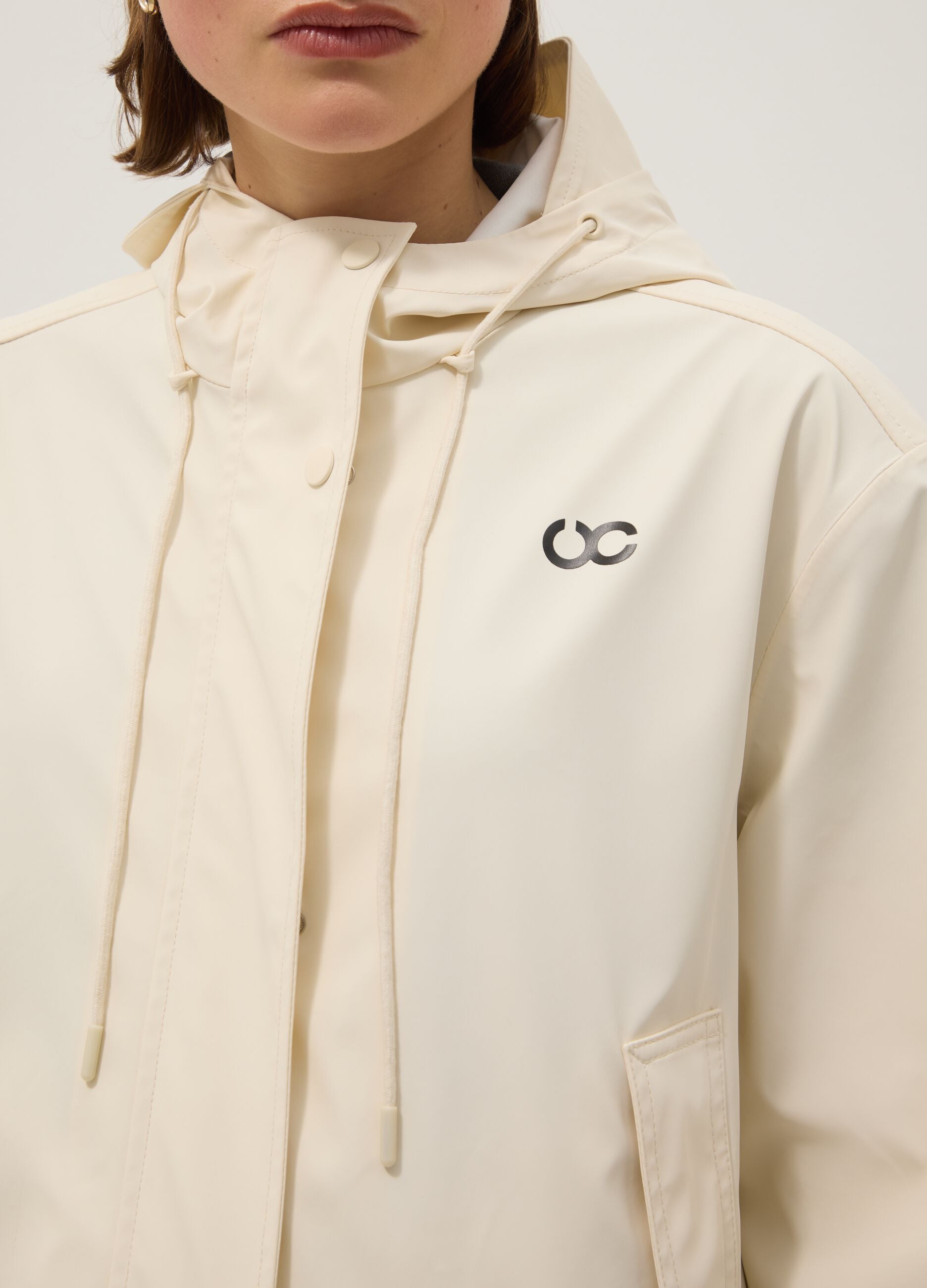 Beige waterproof jacket with hood, regular fit
