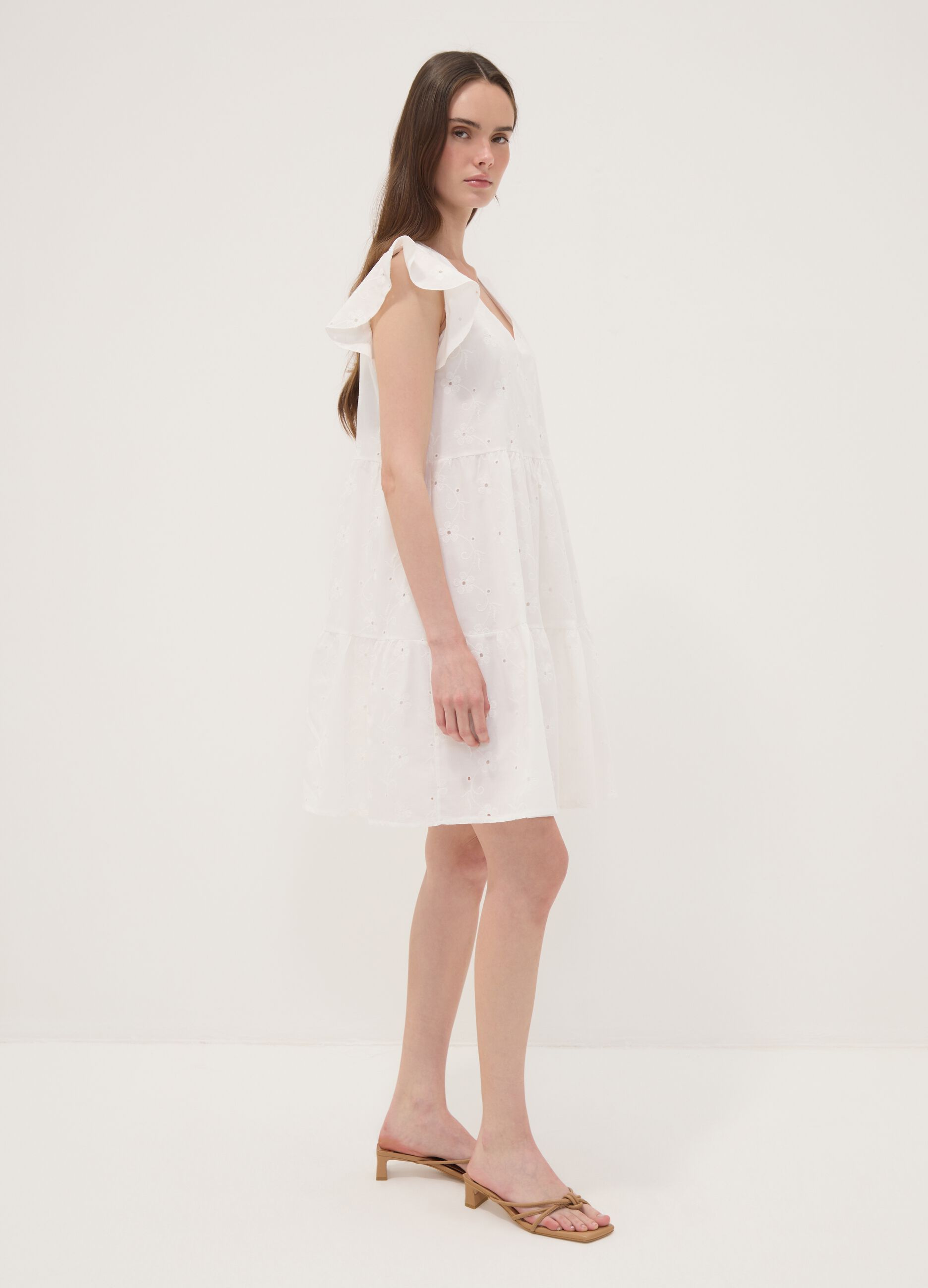 White pure cotton dress with broderie floral embroidery and V-neck