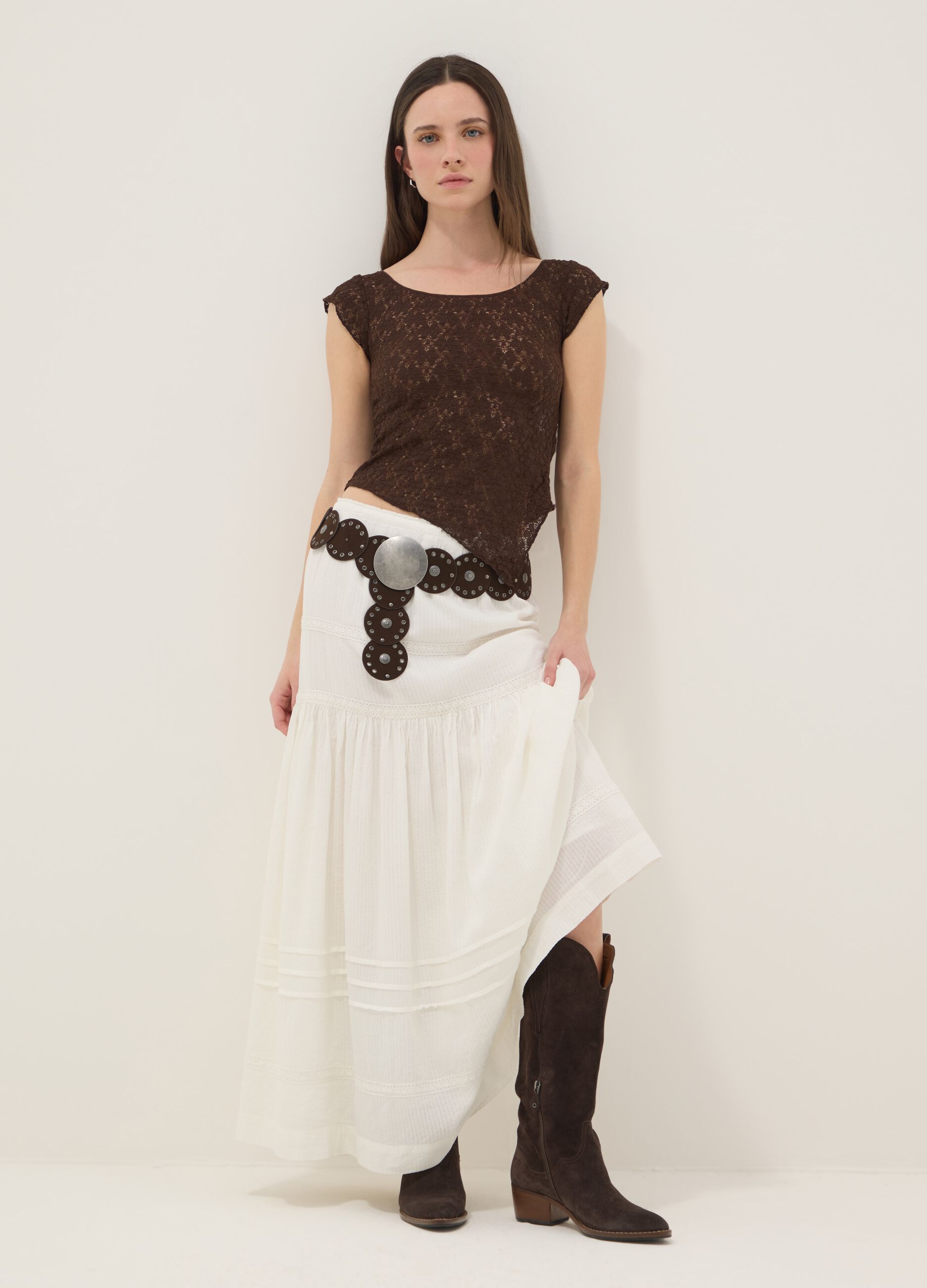 Long white mixed cotton skirt, regular fit with embroidery