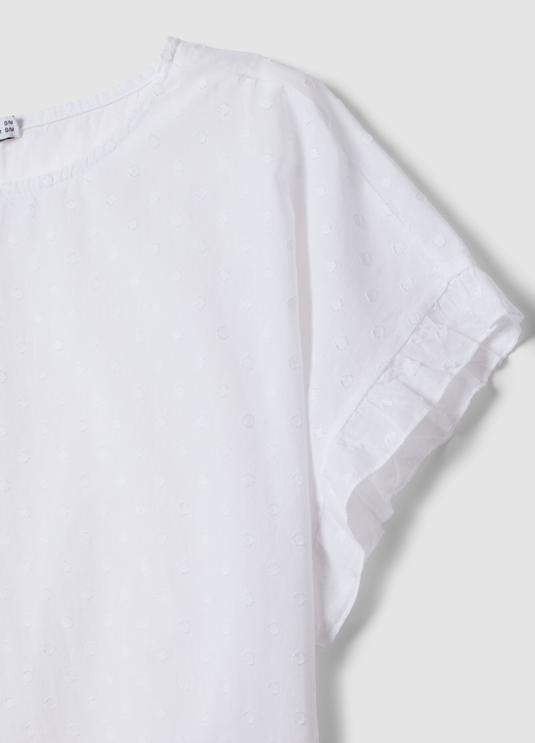 White pure-cotton blouse with ruffle trim