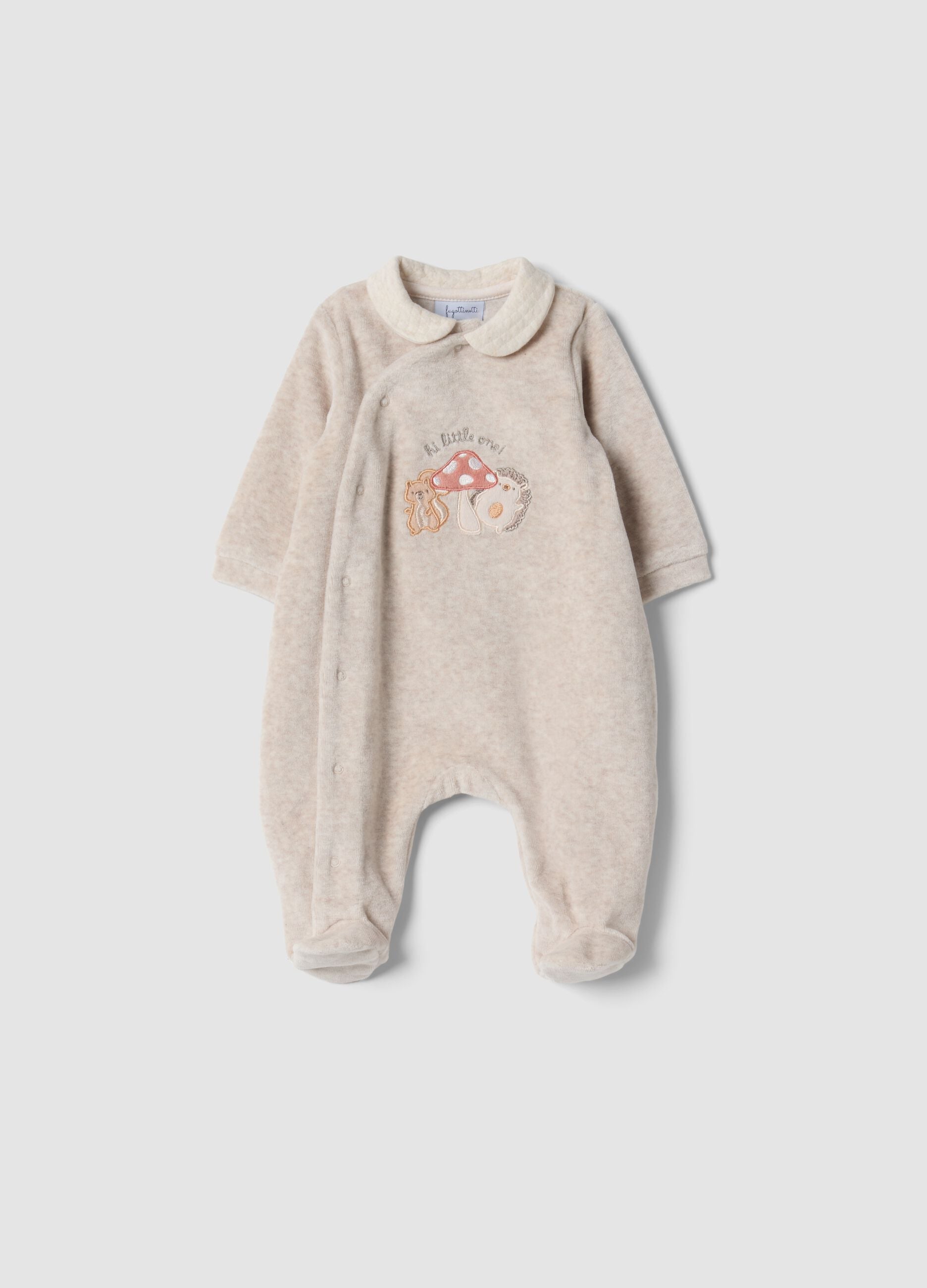 Brown organic cotton-blend sleepsuit with woodland animal embroidery