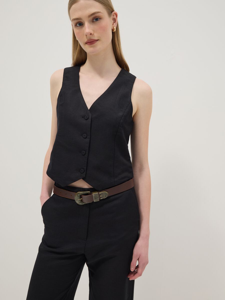 Black linen-blend slim-fit waistcoat with buttons_3