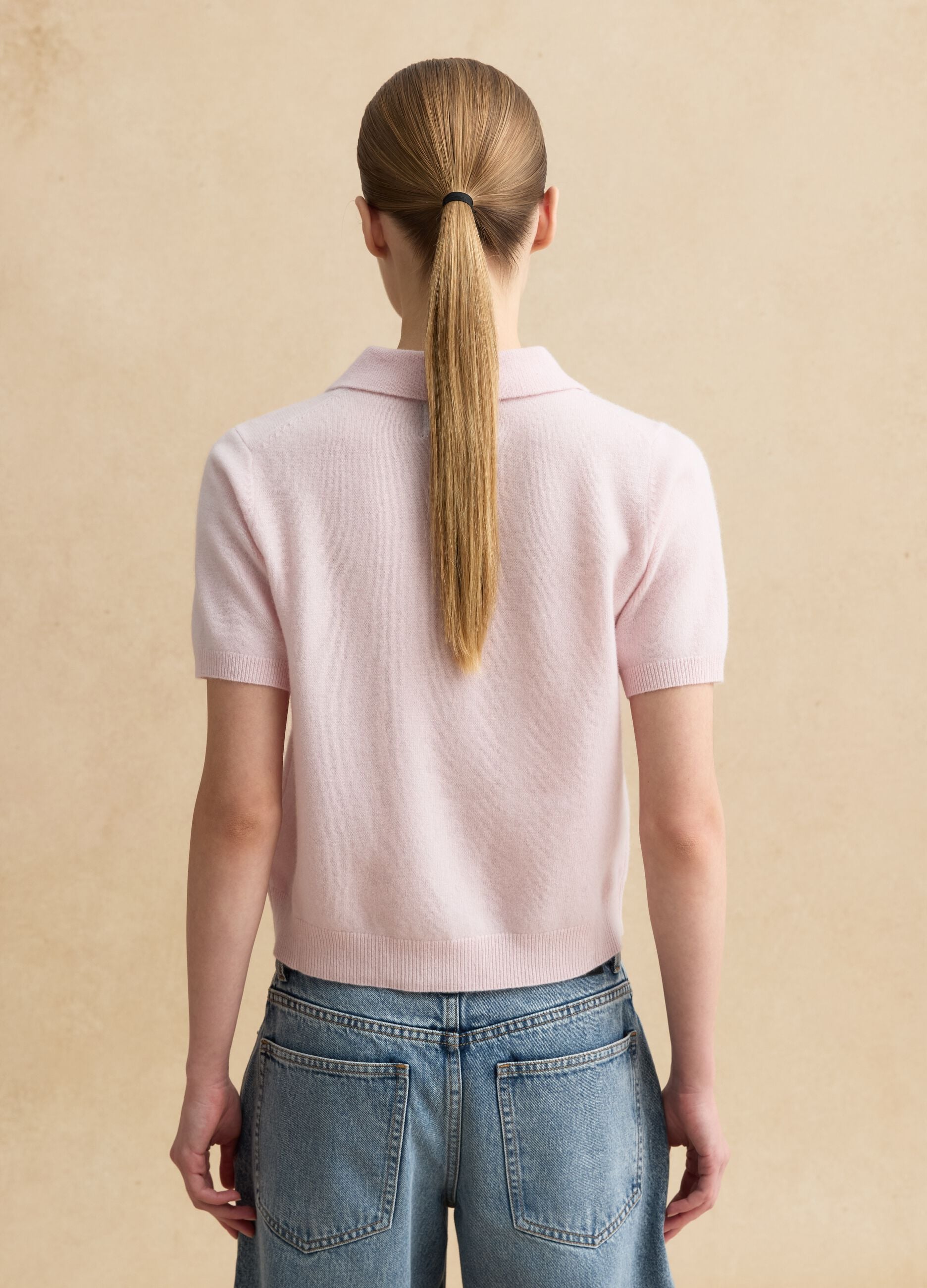 Regular fit pure wool pink jumper with polo collar