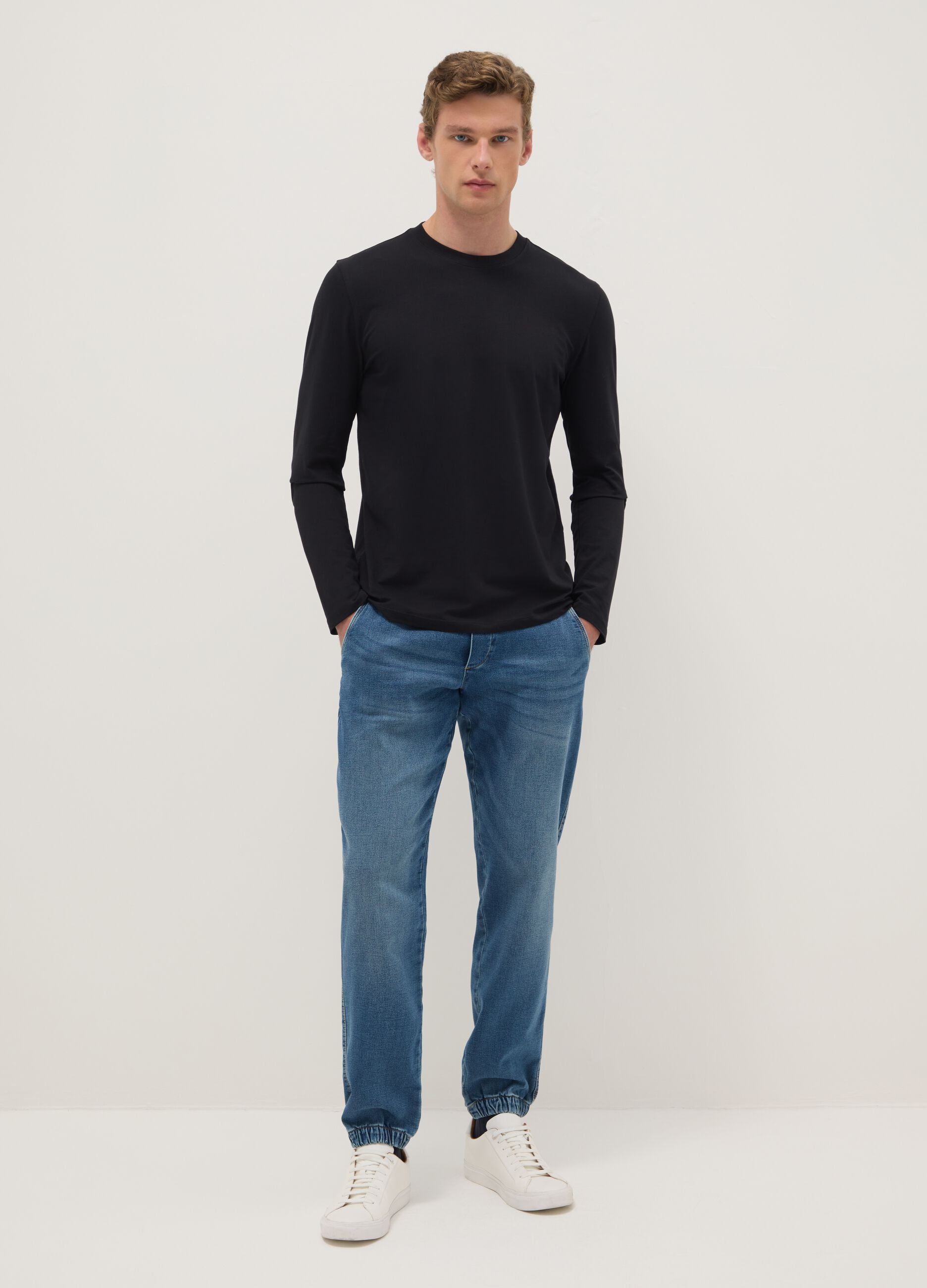 Blue denim regular fit jeans with elastic