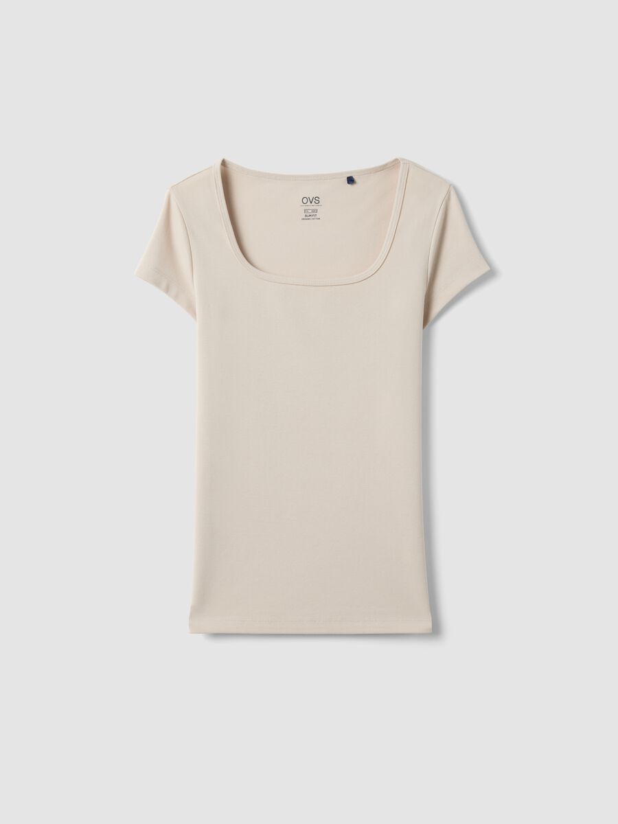 Beige fitted stretch-cotton T-shirt with square neckline_4