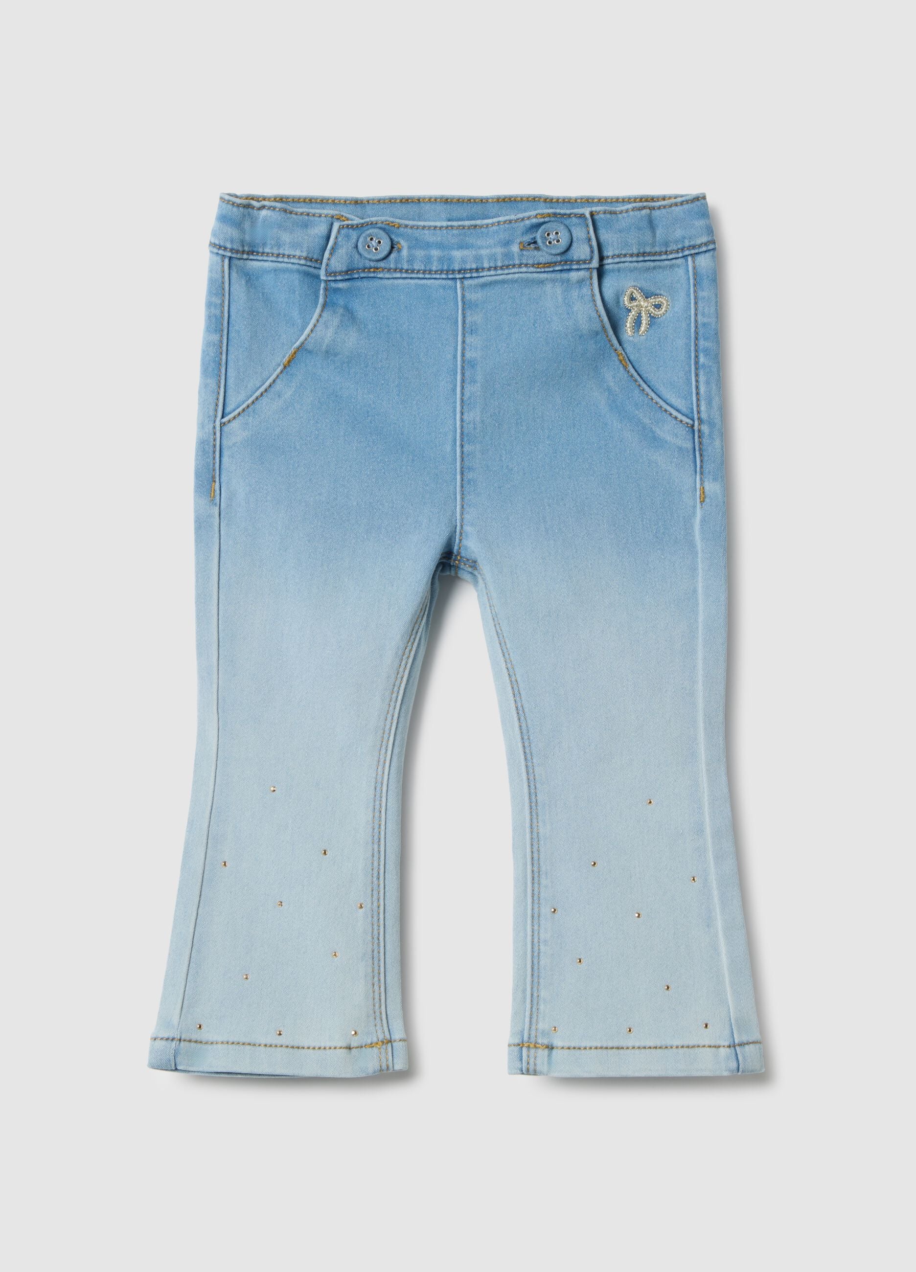 Blue cotton blend flare jeggings for girls with embroidery