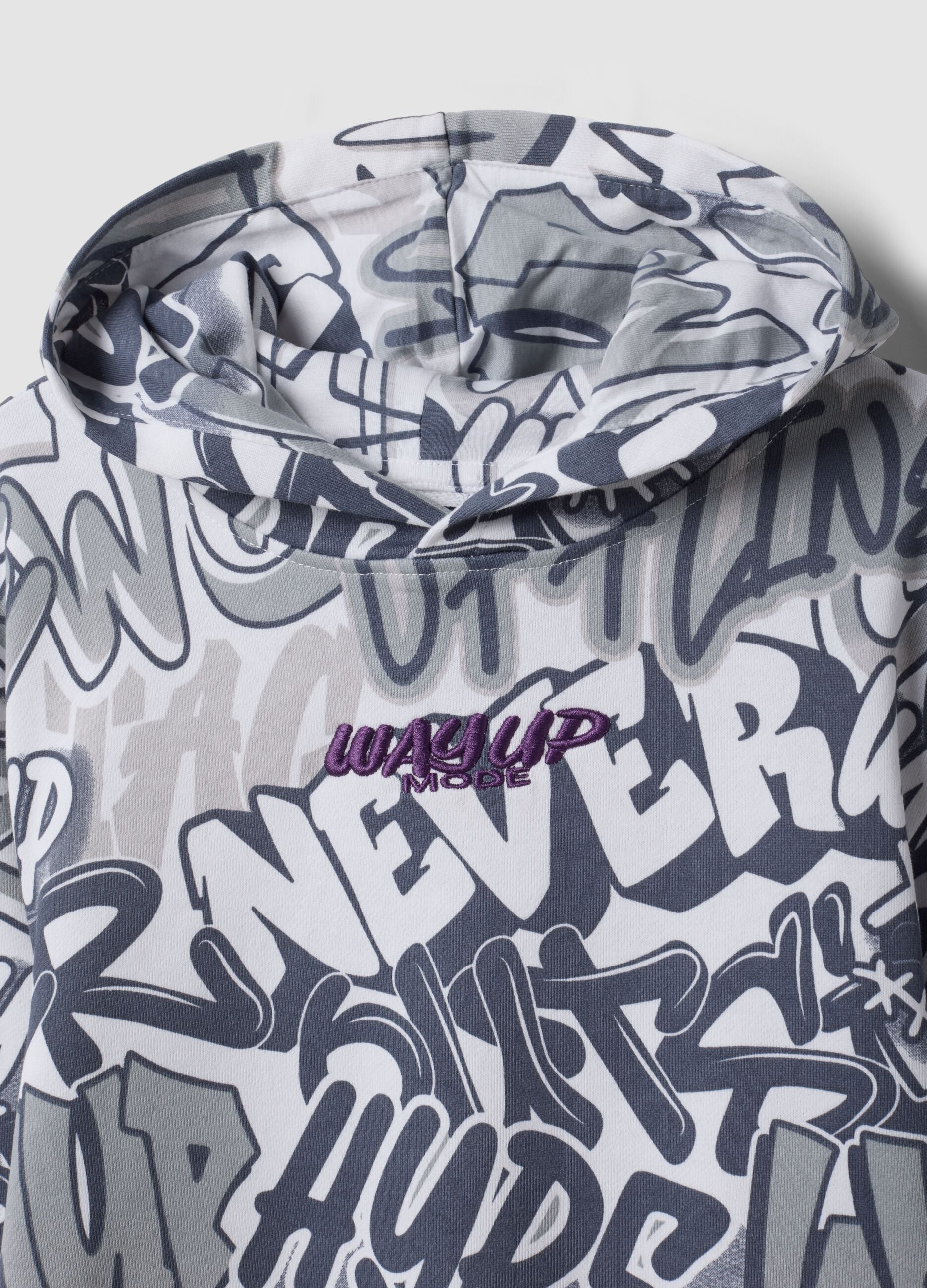 White cotton-blend hoodie with all-over graffiti print for boys
