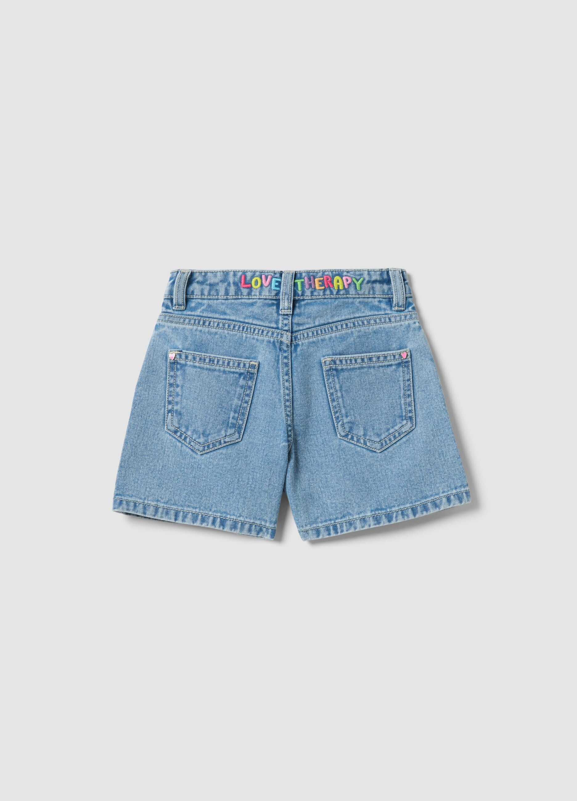 Girl's regular fit light blue denim cotton shorts with embroidery