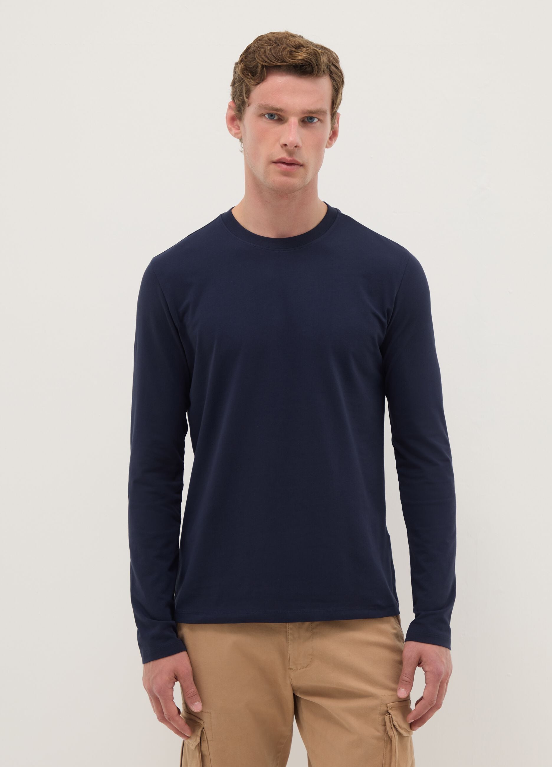 Long sleeve blue t-shirt in stretch cotton regular fit