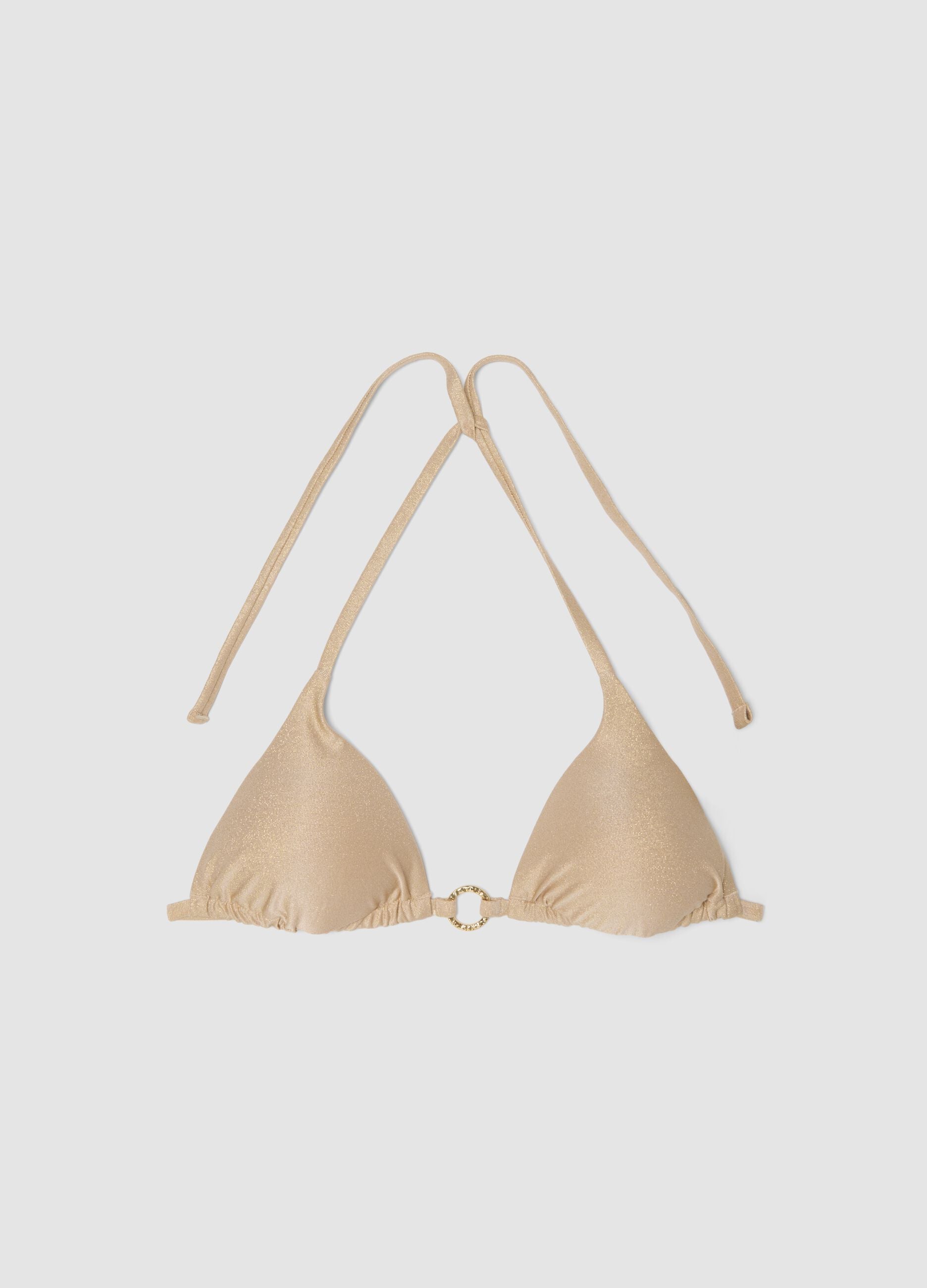 Beige glitter-textured stretch triangle bikini top