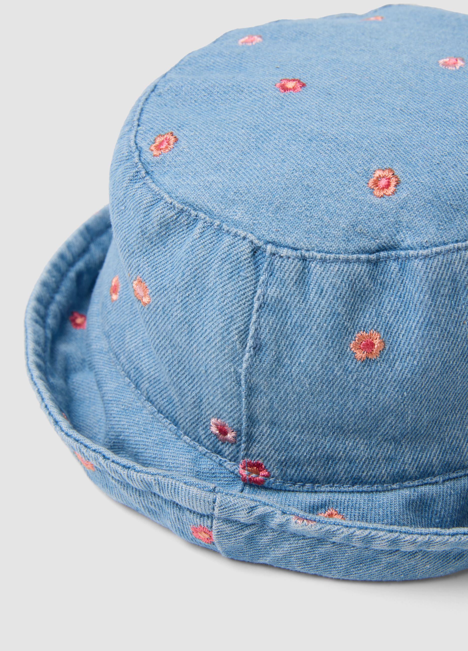 Blue denim pure cotton hat for girls with floral embroidery