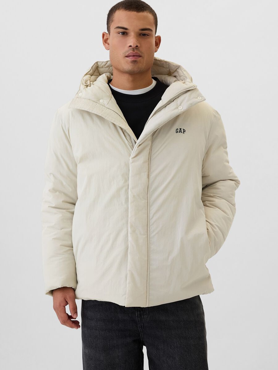 Down jacket with hood and logo embroidery_0