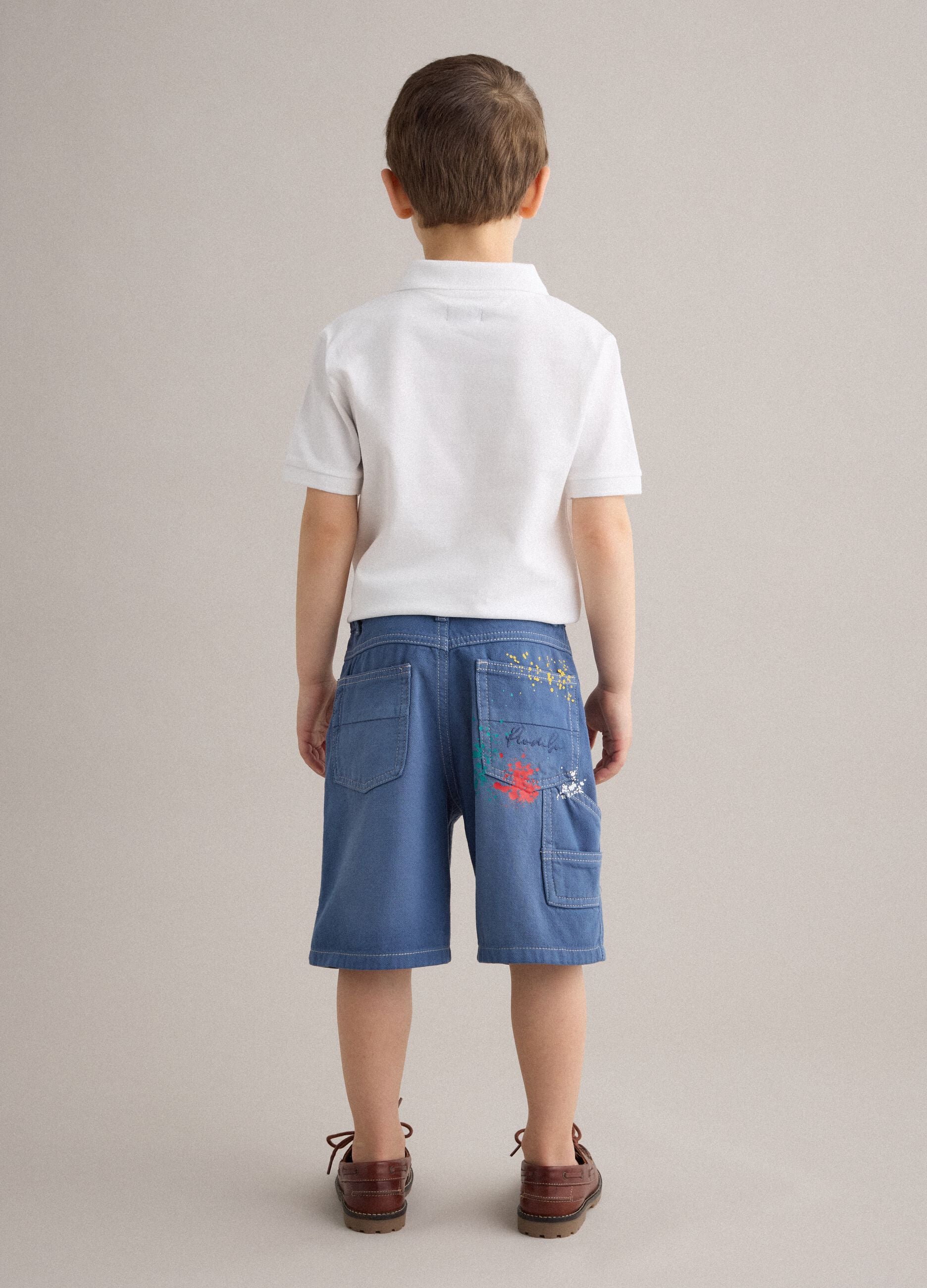 Blue denim cargo shorts in pure cotton for boys, baggy fit