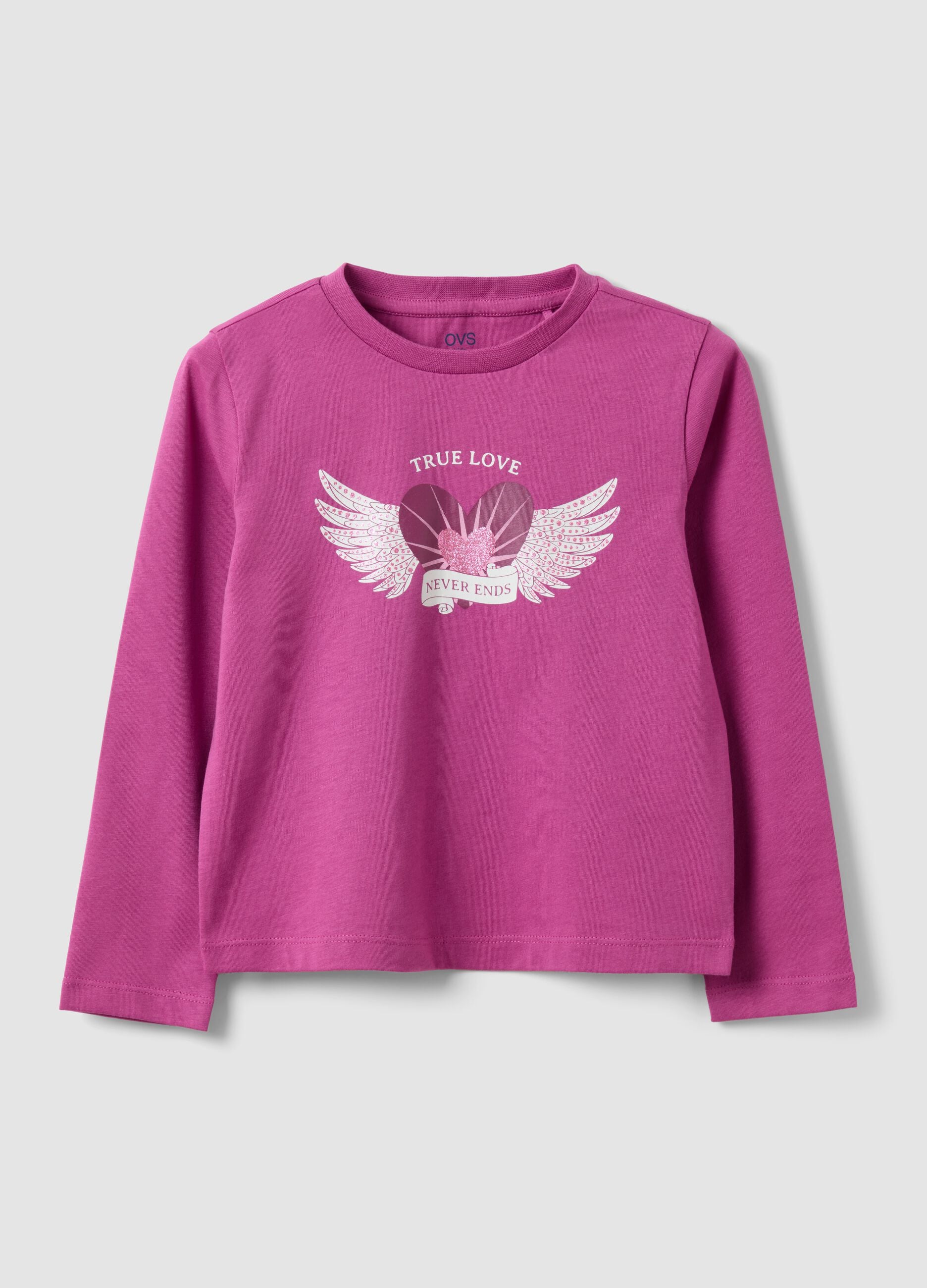 Purple pure organic cotton T-shirt with heart and wings print for girls