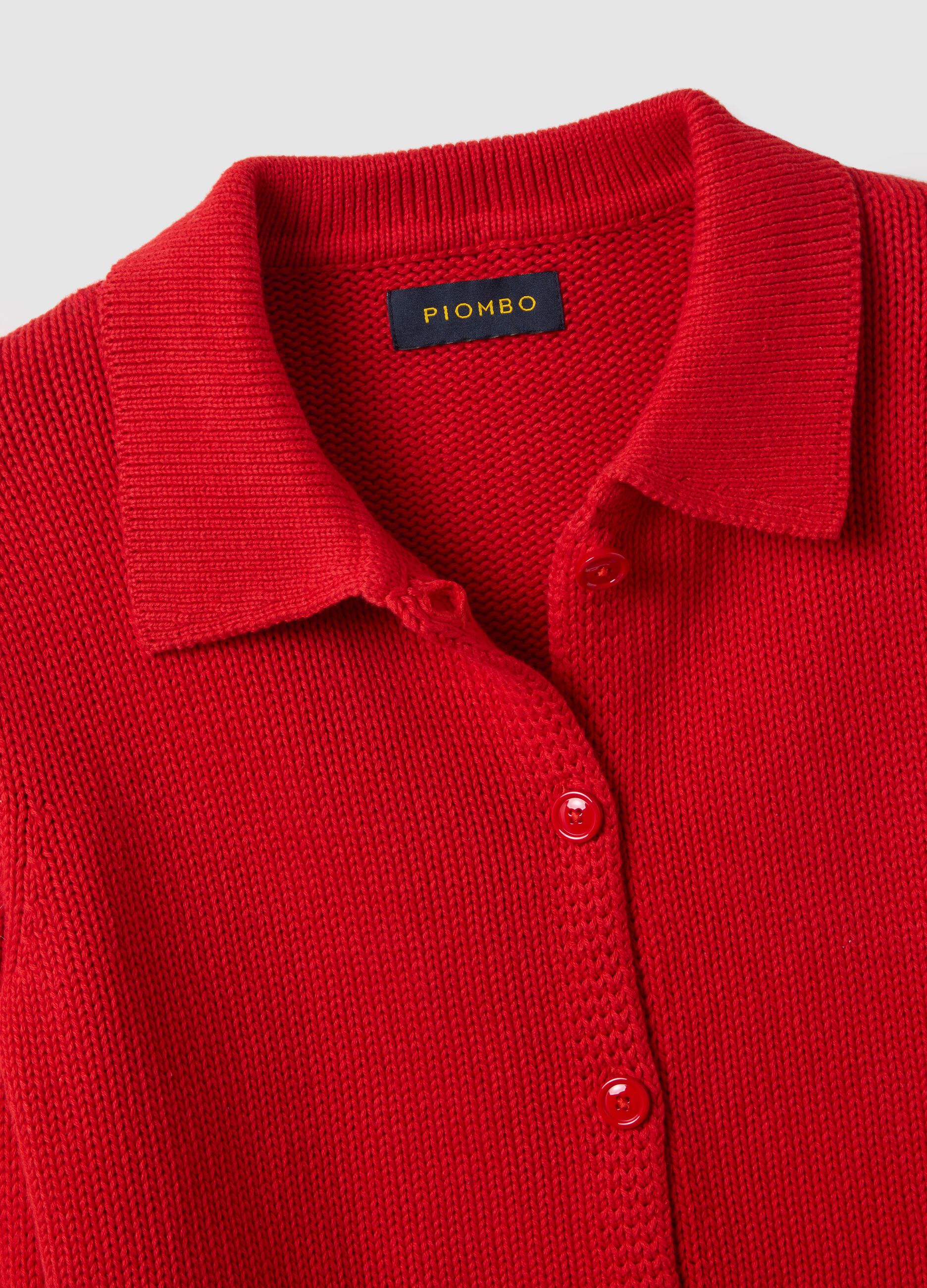 Regular Fit Red Cotton Cardigan with Polo Collar