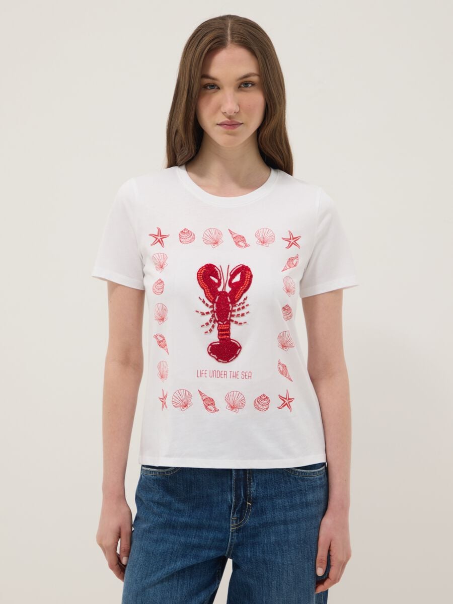 White pure cotton T-shirt with front print_0