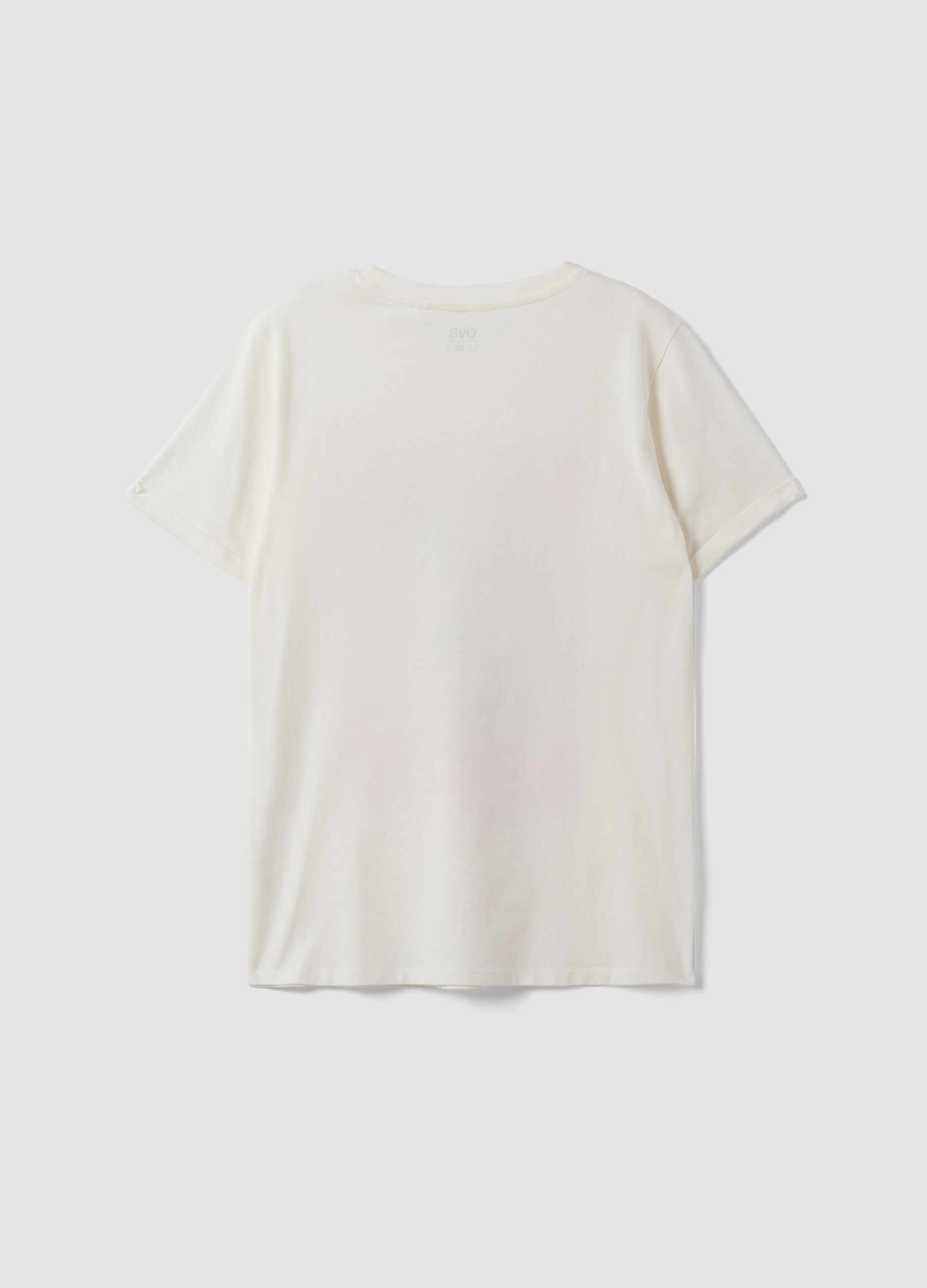 White pure cotton crew-neck T-shirt with floral print, regular fit