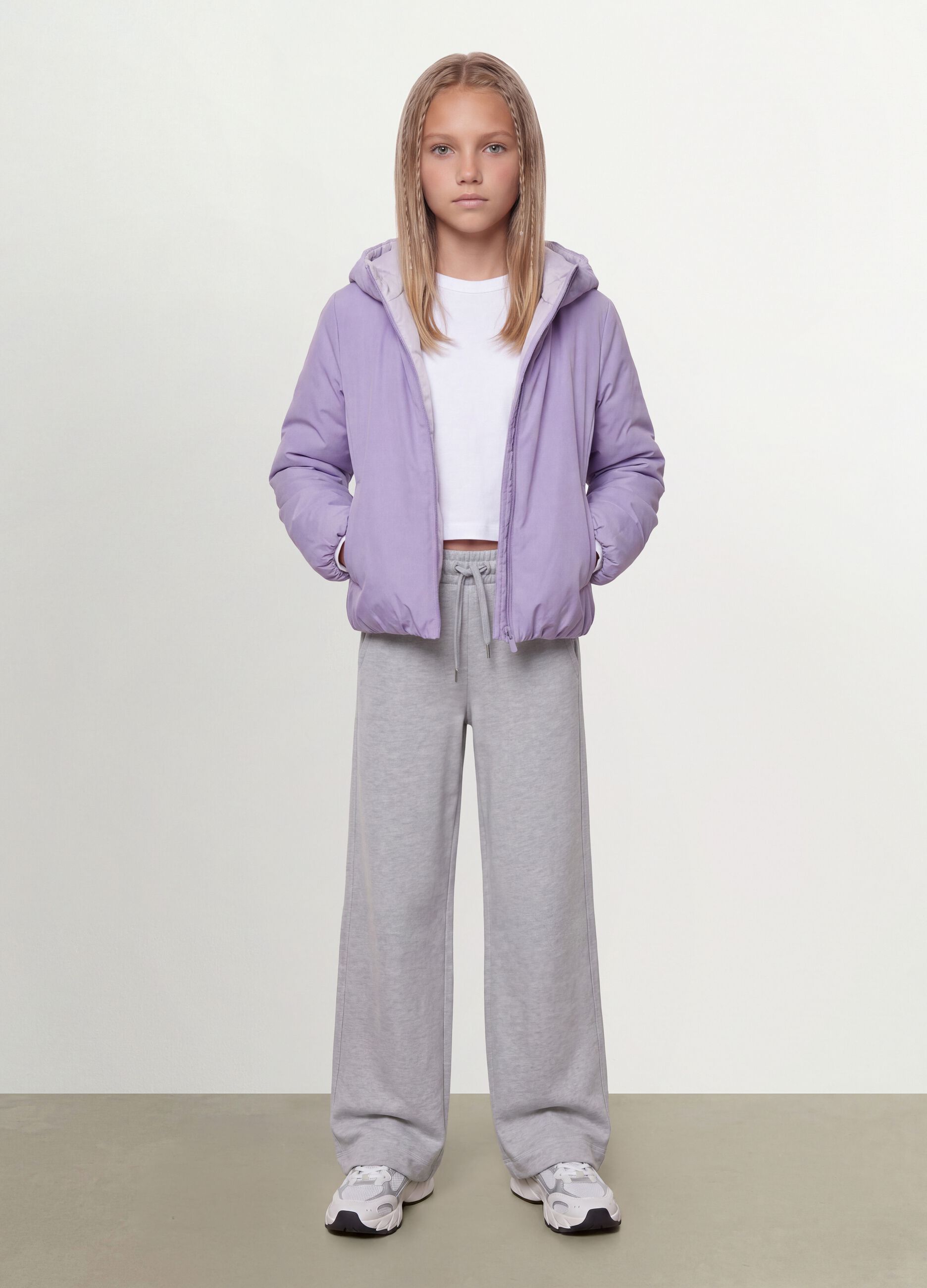 Giacca Ultralight viola reversibile con cappuccio e zip per ragazza