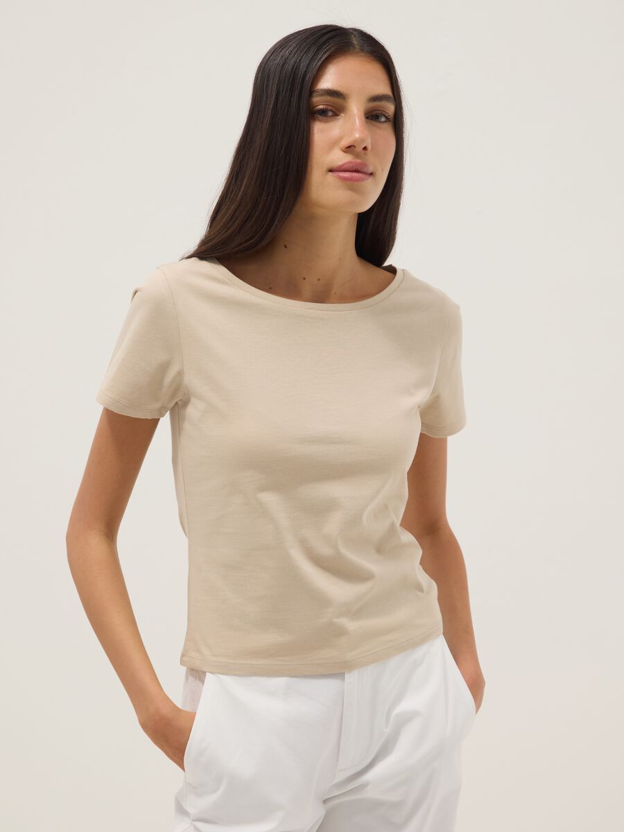 Beige short-sleeved pure cotton T-shirt_2