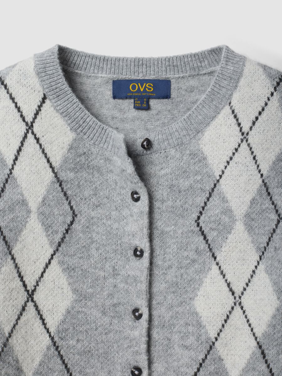 Grey jacquard stretch wool crew-neck cardigan, regular fit_5