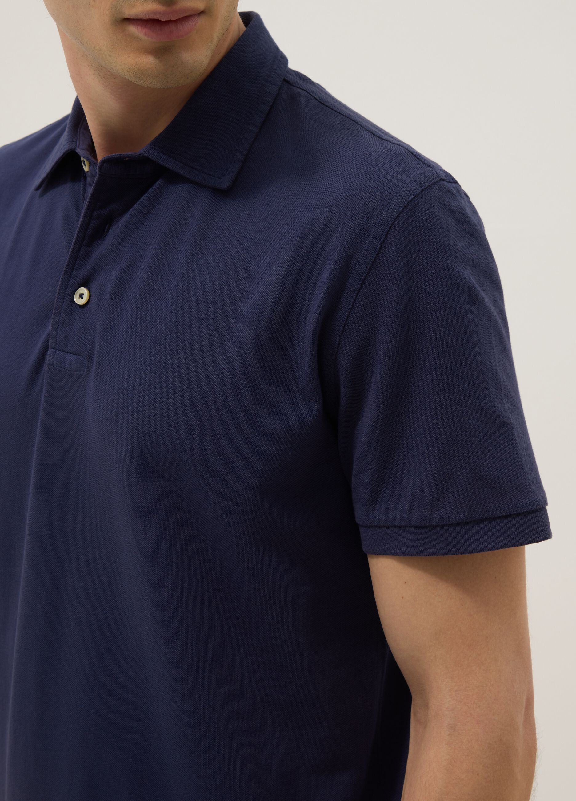 Blue pure cotton slim-fit short-sleeved polo shirt