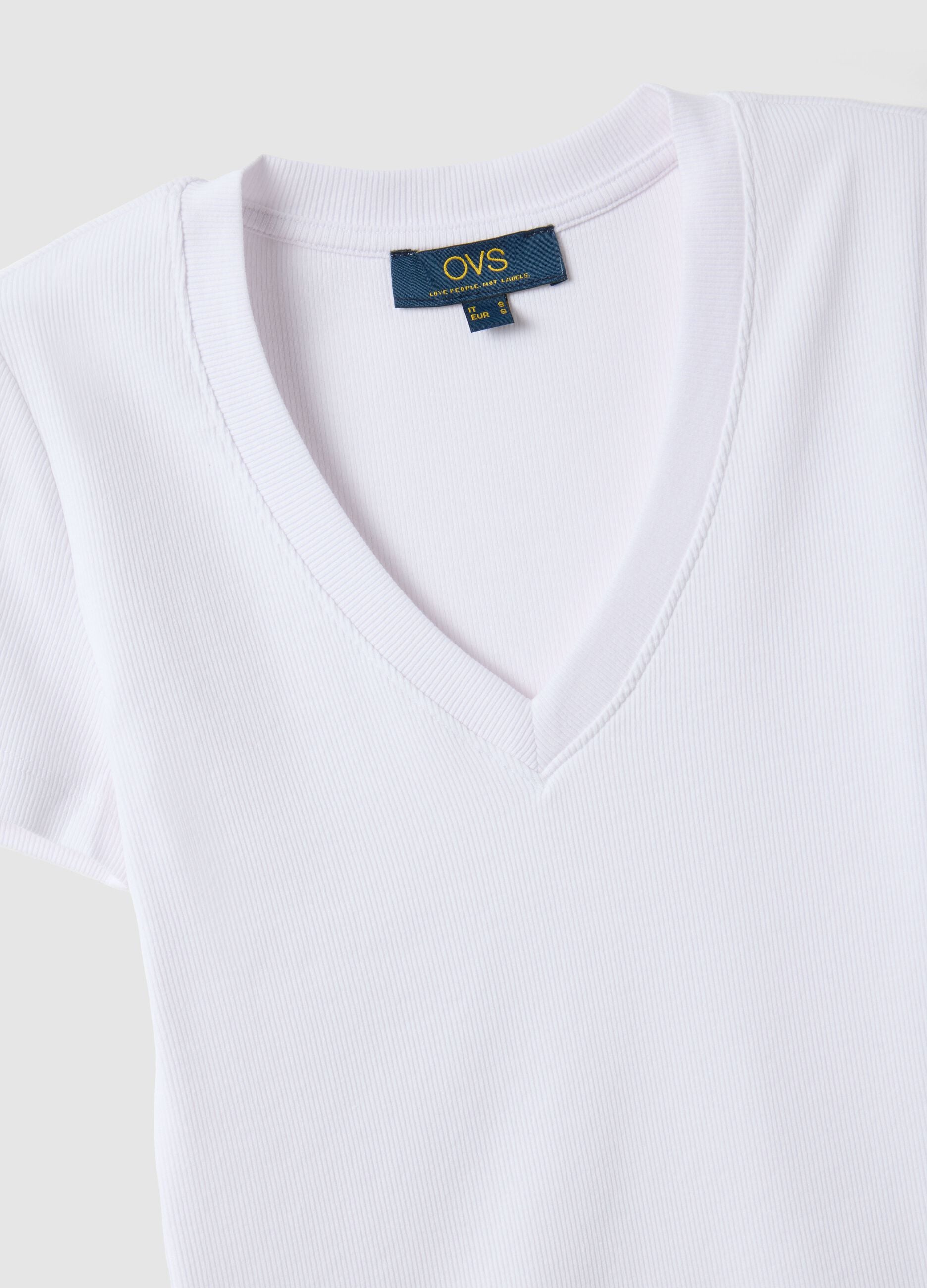 White regular fit deep V stretch cotton T-shirt